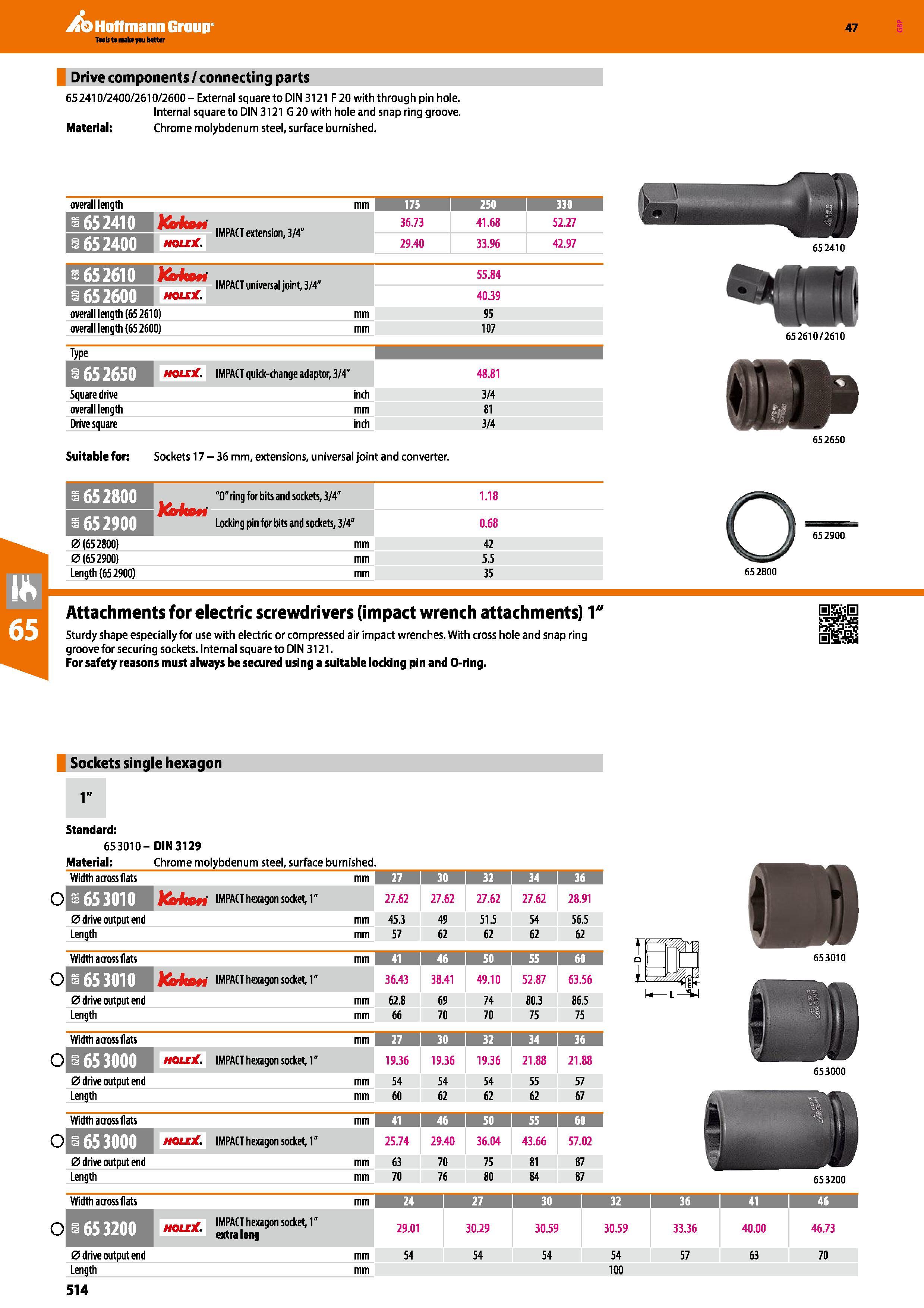 514 Hoffmann Group 47 Drive components/connecting parts 652410/2400/2610/2600- External square to DIN 3121 F 20 with through pin hole Internal square Каталог HOFFMANN GROUP 2016 Ручной слесарно-монтажный и измерительный инструмент и оборудование от комплексного поставщика промышленных предприятий Вер. 47 Англ. Стр. 514