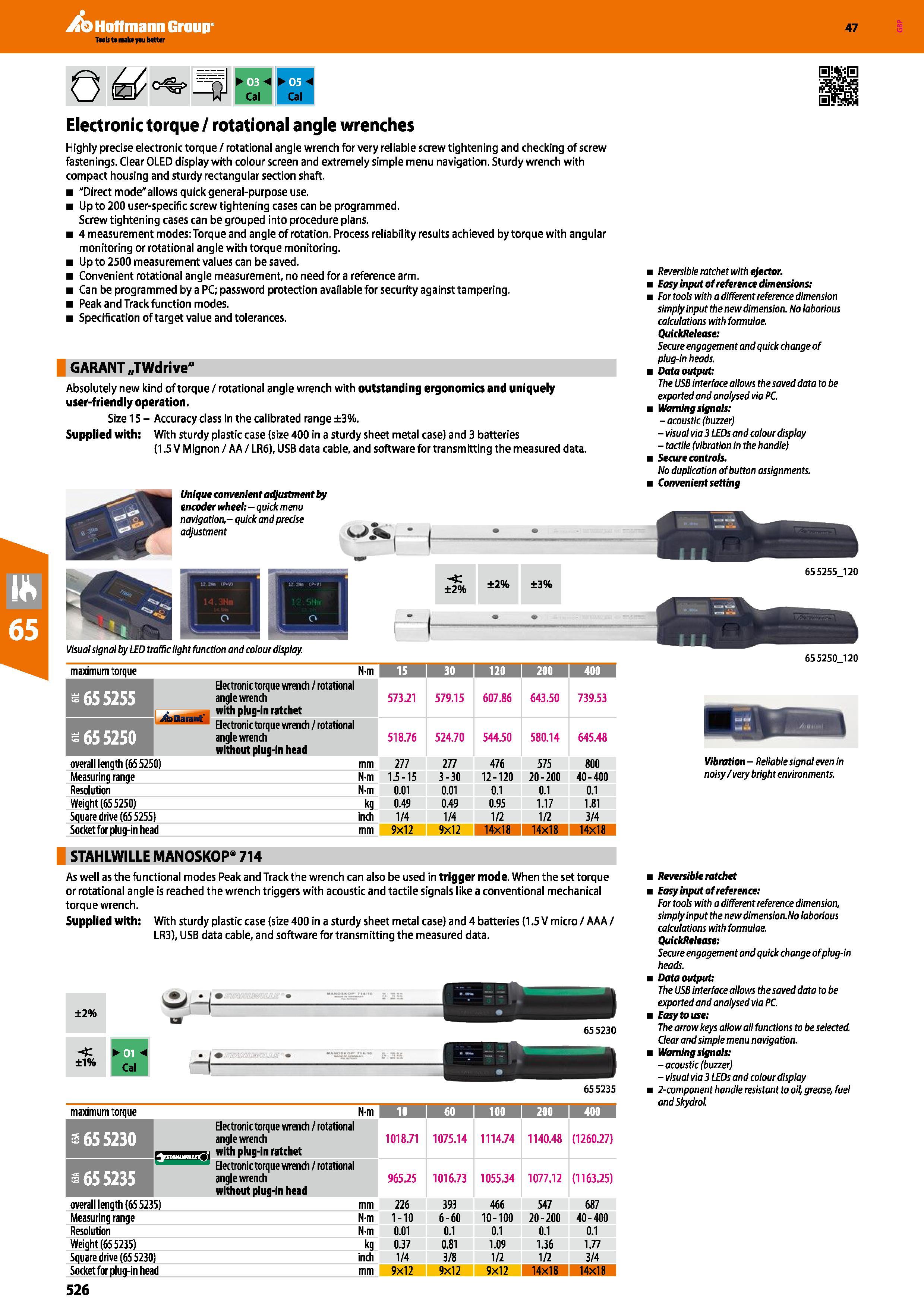 526 Hoffmann Group 47 Cal Electronic torque / rotational angle wrenches Highly precise electronic torque / rotational angle wrench for very reliable Каталог HOFFMANN GROUP 2016 Ручной слесарно-монтажный и измерительный инструмент и оборудование от комплексного поставщика промышленных предприятий Вер. 47 Англ. Стр. 526
