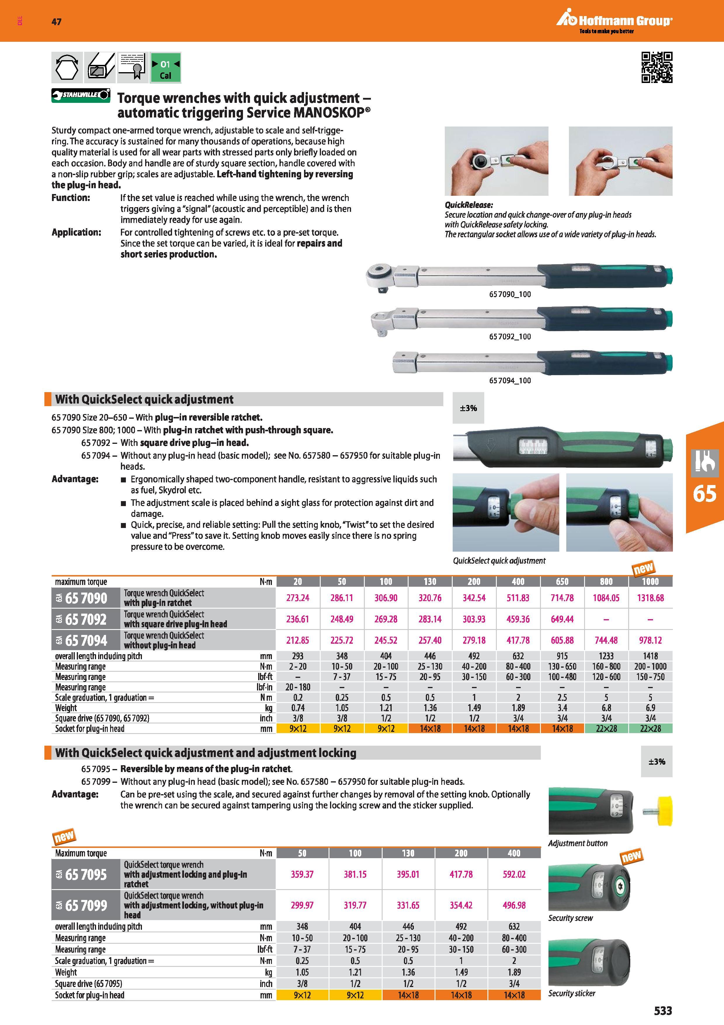 533 Hoffmann Group 47 STAHUMLLE ') Torque wrenches with quick adjustment -automatic triggering Service MANOSKOP Sturdy compact one-armed torque wrenc Каталог HOFFMANN GROUP 2016 Ручной слесарно-монтажный и измерительный инструмент и оборудование от комплексного поставщика промышленных предприятий Вер. 47 Англ. Стр. 533