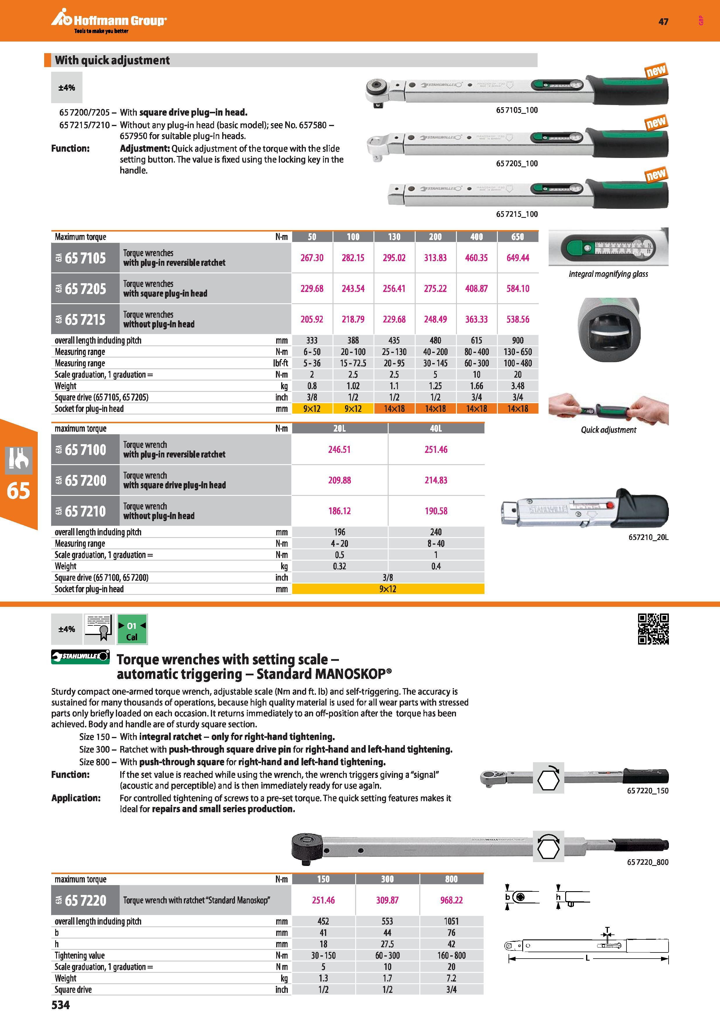 534 Hoffmann Group 47 With quick adjustment ±4% 65 7200/7205 - With square drive plug-in head 65 7215/7210 - Without any plug-in head (basic model); Каталог HOFFMANN GROUP 2016 Ручной слесарно-монтажный и измерительный инструмент и оборудование от комплексного поставщика промышленных предприятий Вер. 47 Англ. Стр. 534