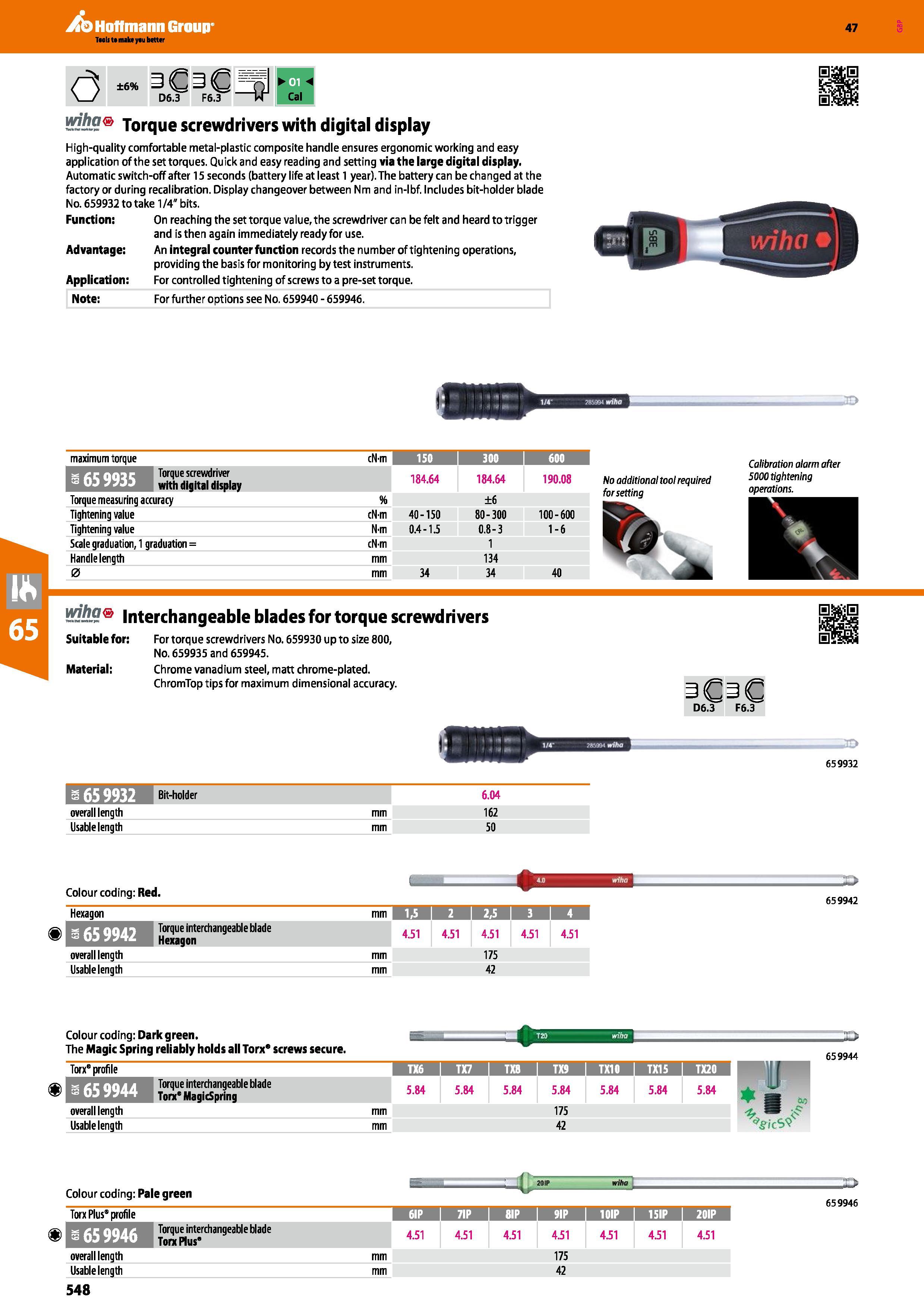 548 Hoffmann Group 47 o ±6% D6 3 H Cal Torque screwdrivers with digital display High-quality comfortable metal-plastic composite handle ensures ergon Каталог HOFFMANN GROUP 2016 Ручной слесарно-монтажный и измерительный инструмент и оборудование от комплексного поставщика промышленных предприятий Вер. 47 Англ. Стр. 548