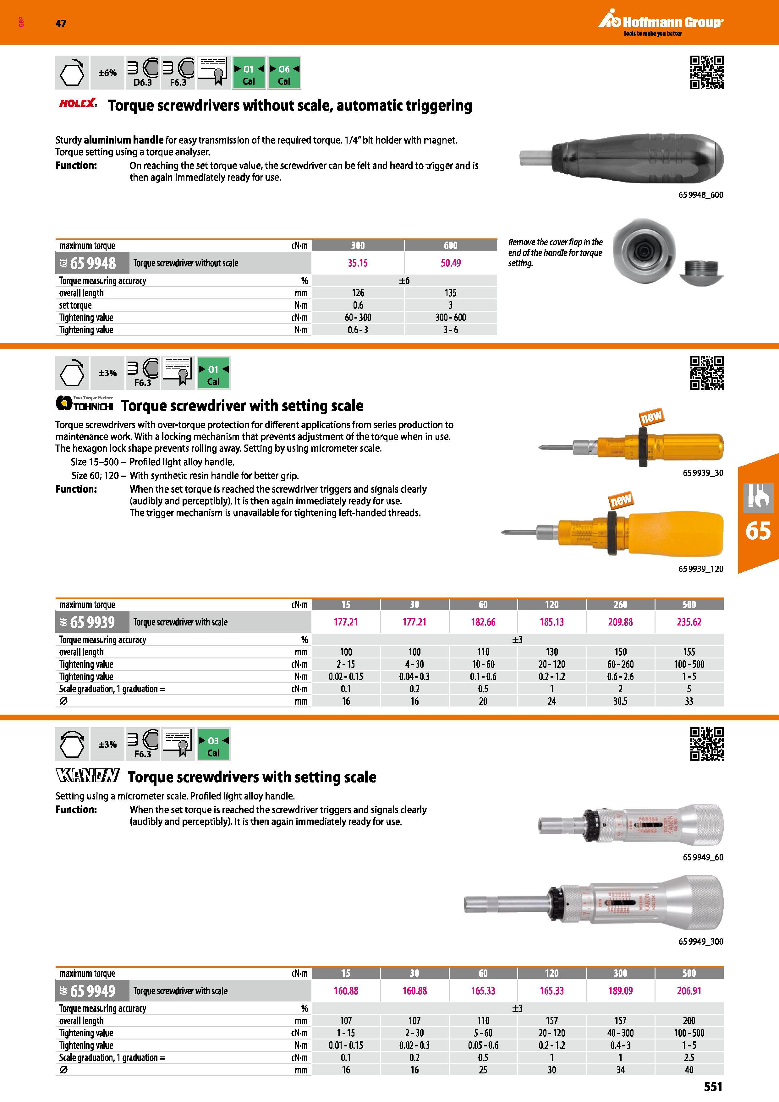 551 Hoffmann Group 47 ±6% D6 3 F6 3 B1 Cal Cal (3 hole Torque screwdrivers without scale, automatic triggering Sturdy aluminium handle for easy trans Каталог HOFFMANN GROUP 2016 Ручной слесарно-монтажный и измерительный инструмент и оборудование от комплексного поставщика промышленных предприятий Вер. 47 Англ. Стр. 551
