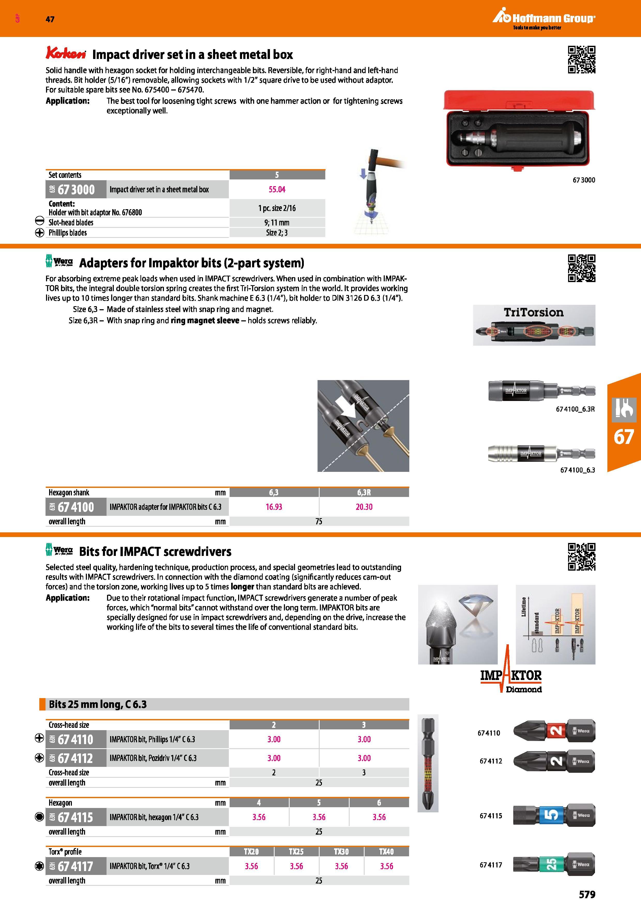 579 Hoffmann Group 47 /(feJcoM' Impact driver set in a sheet metal box Solid handle with hexagon socket for holding interchangeable bits Reversible, Каталог HOFFMANN GROUP 2016 Ручной слесарно-монтажный и измерительный инструмент и оборудование от комплексного поставщика промышленных предприятий Вер. 47 Англ. Стр. 579