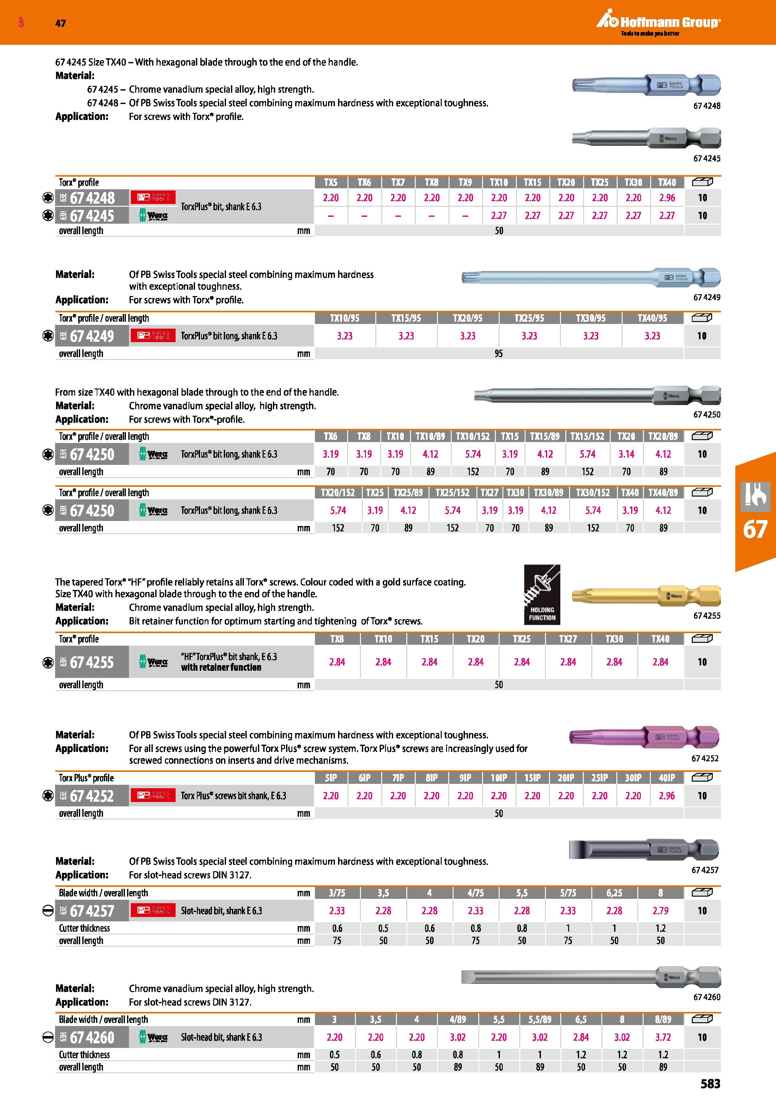 583 Hoffmann Group 47 674245 Size TX40-With hexagonal blade through to the end of the handle Material: 67 4245 - Chrome vanadium special alloy, high Каталог HOFFMANN GROUP 2016 Ручной слесарно-монтажный и измерительный инструмент и оборудование от комплексного поставщика промышленных предприятий Вер. 47 Англ. Стр. 583