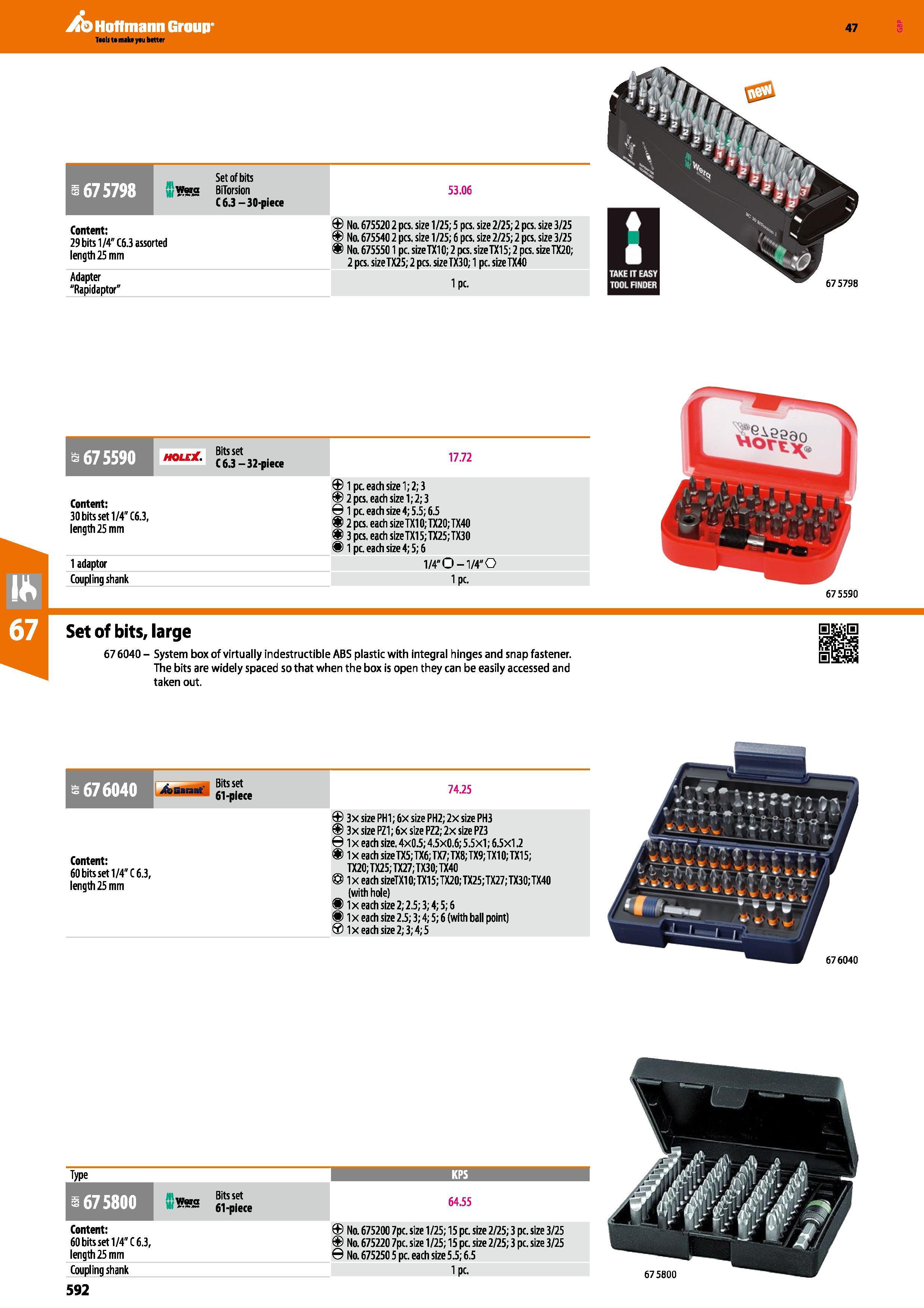 592 Hoffmann Group Set of bits 1675798 Wara BiTorsion 53 06 C6 3 - 30-piece Content: 29 bits 1/4 C6 3 assorted length 25 mm Adapter Rapidaptor Na 675 Каталог HOFFMANN GROUP 2016 Ручной слесарно-монтажный и измерительный инструмент и оборудование от комплексного поставщика промышленных предприятий Вер. 47 Англ. Стр. 592