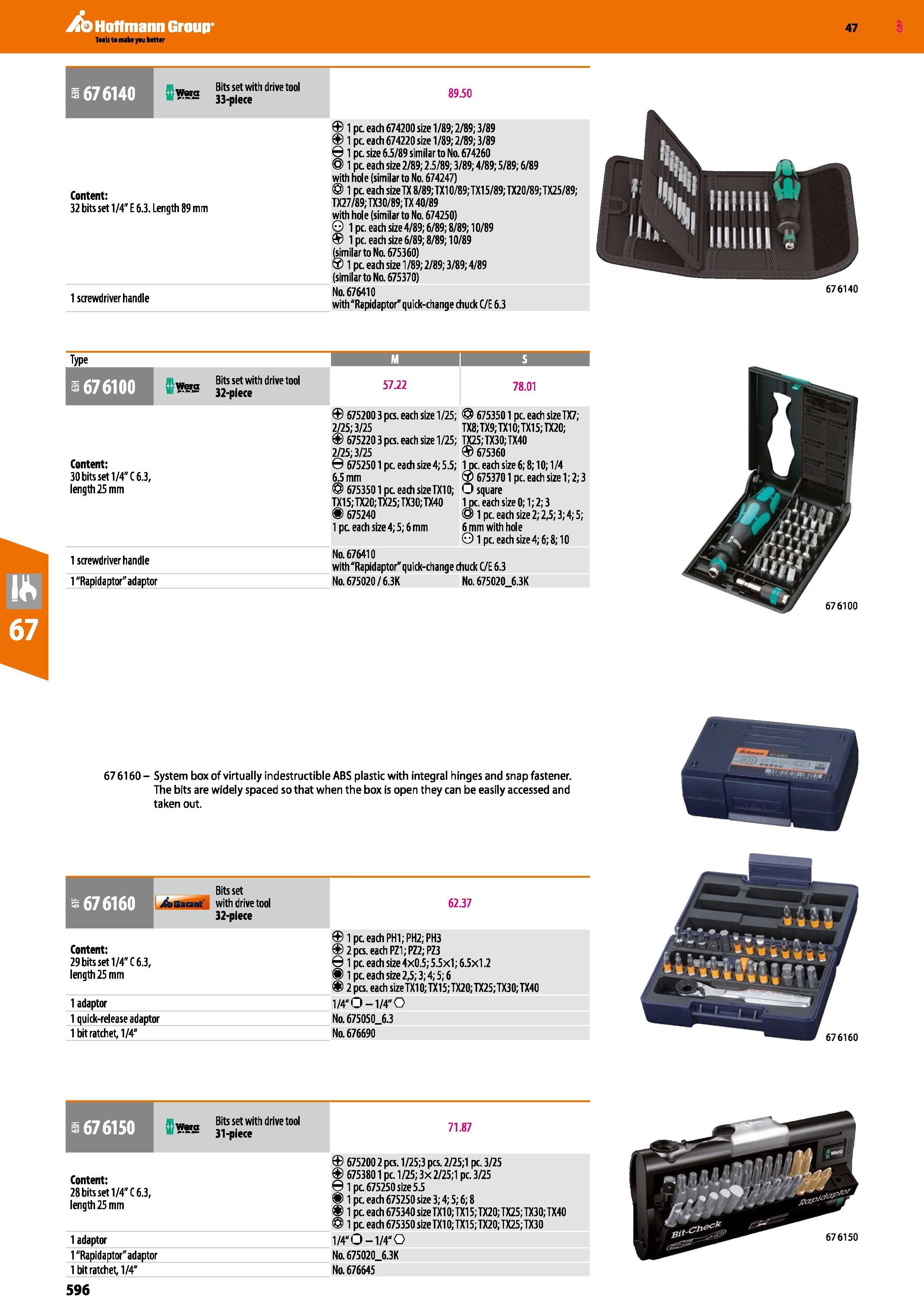 596 Hoffmann Group 47 1676140 Content: 32 bits set 1/4 E 6 3 Length 89 mm 1 screwdriver handle 89 50 1 pc each 674200 size 1/89; 2/89; 3/89 1 pc each Каталог HOFFMANN GROUP 2016 Ручной слесарно-монтажный и измерительный инструмент и оборудование от комплексного поставщика промышленных предприятий Вер. 47 Англ. Стр. 596