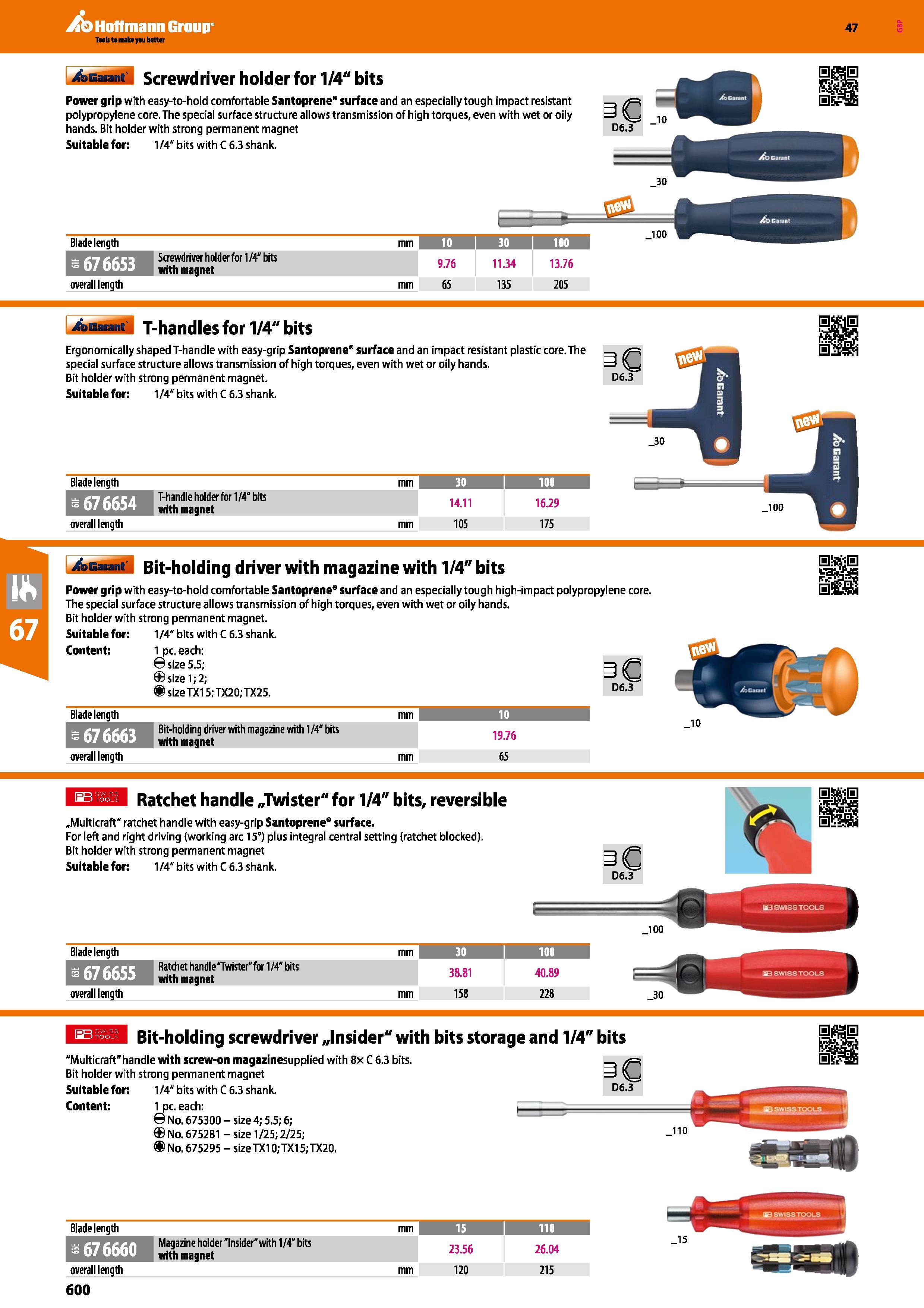 600 Hoffmann Group 47 Screwdriver holder for 1/4 bits Power grip with easy-to-hold comfortable Santoprene surface and an especially tough impact resi Каталог HOFFMANN GROUP 2016 Ручной слесарно-монтажный и измерительный инструмент и оборудование от комплексного поставщика промышленных предприятий Вер. 47 Англ. Стр. 600