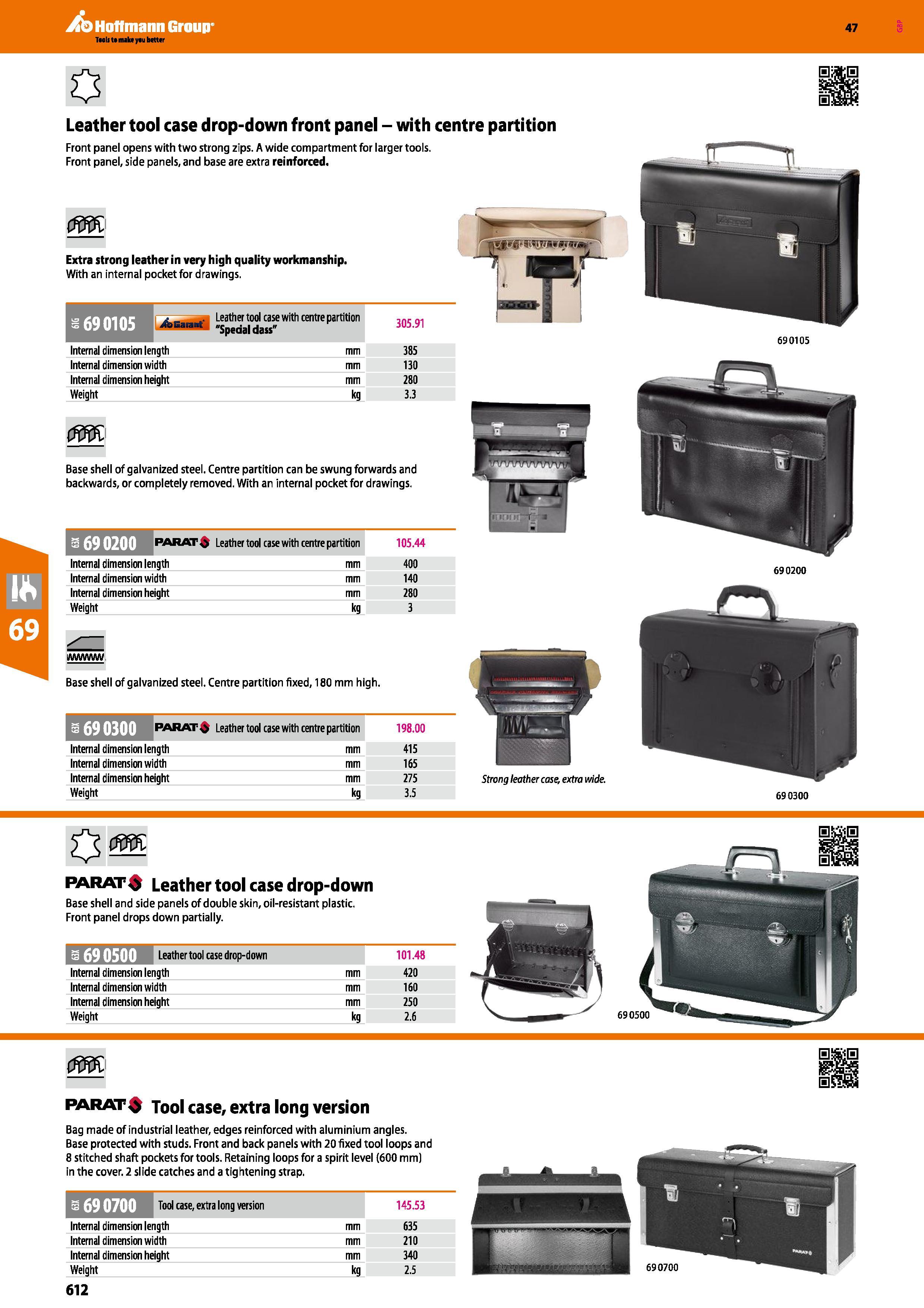 612 <m Extra strong leather in very high quality workmanship With an internal pocket for drawings Leather tool case with centre partition Speaal dass Каталог HOFFMANN GROUP 2016 Ручной слесарно-монтажный и измерительный инструмент и оборудование от комплексного поставщика промышленных предприятий Вер. 47 Англ. Стр. 612