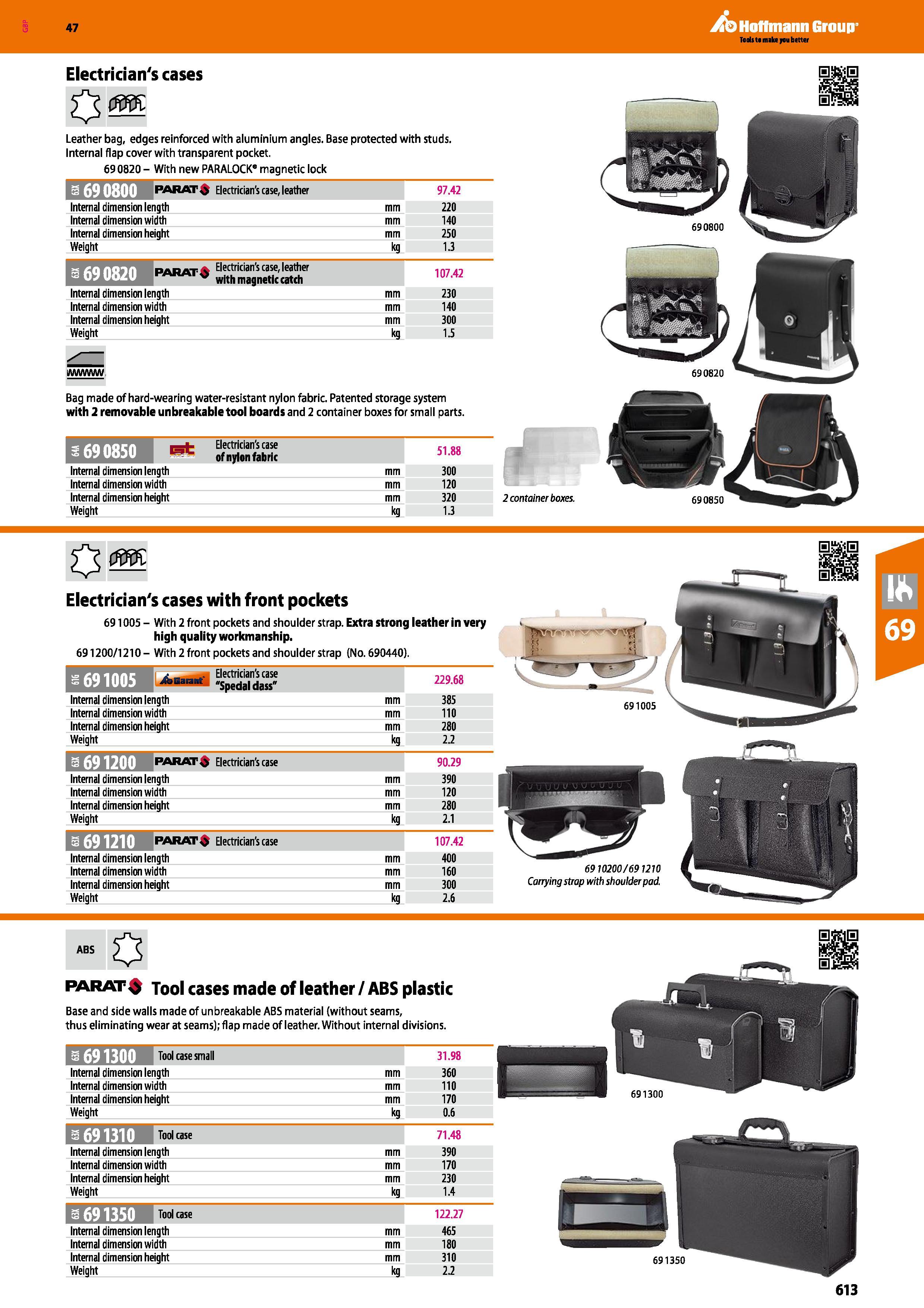 613 Hoffmann Group 47 Electrician's cases fim Leather bag, edges reinforced with aluminium angles Base protected with studs Internal flap cover with Каталог HOFFMANN GROUP 2016 Ручной слесарно-монтажный и измерительный инструмент и оборудование от комплексного поставщика промышленных предприятий Вер. 47 Англ. Стр. 613