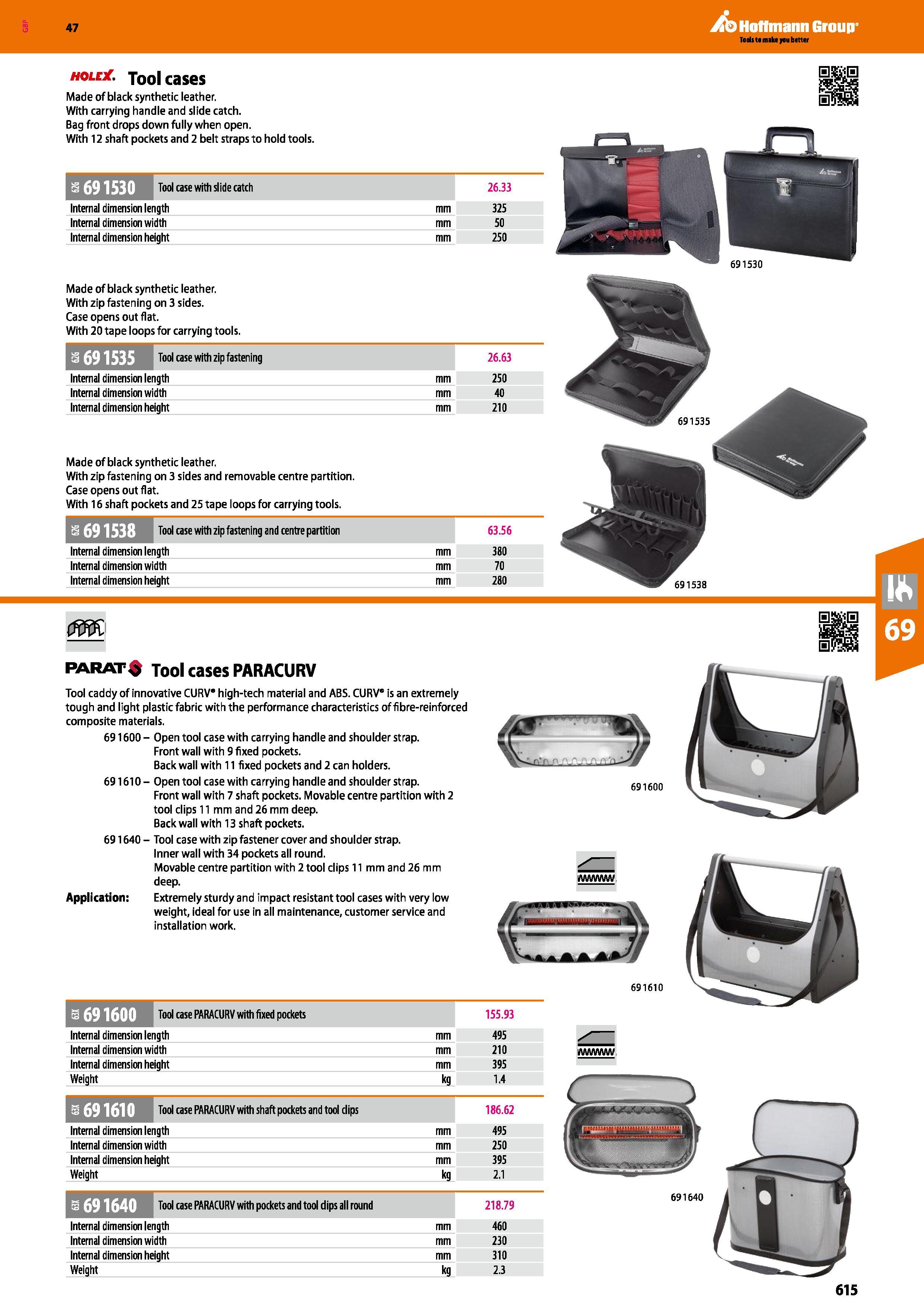 615 hole Tool cases Made of black synthetic leather With carrying handle and slide catch Bag front drops down fully when open With 12 shaft pockets a Каталог HOFFMANN GROUP 2016 Ручной слесарно-монтажный и измерительный инструмент и оборудование от комплексного поставщика промышленных предприятий Вер. 47 Англ. Стр. 615