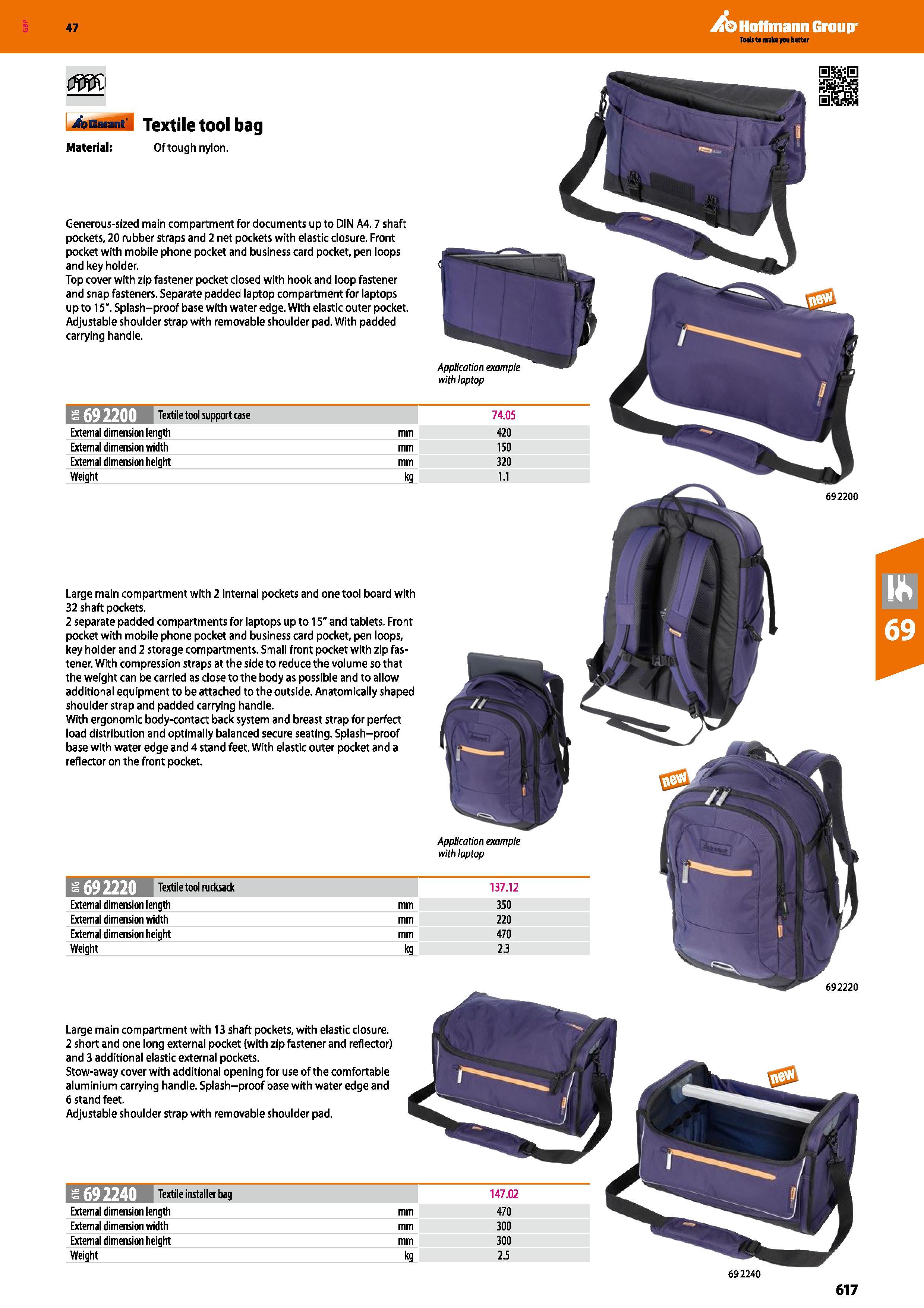 617 Hoffmann Group 47 bGaiant Textile tool bag Material: Of tough nylon Generous-sized main compartment for documents up to DIN A4 7 shaft pockets, 2 Каталог HOFFMANN GROUP 2016 Ручной слесарно-монтажный и измерительный инструмент и оборудование от комплексного поставщика промышленных предприятий Вер. 47 Англ. Стр. 617