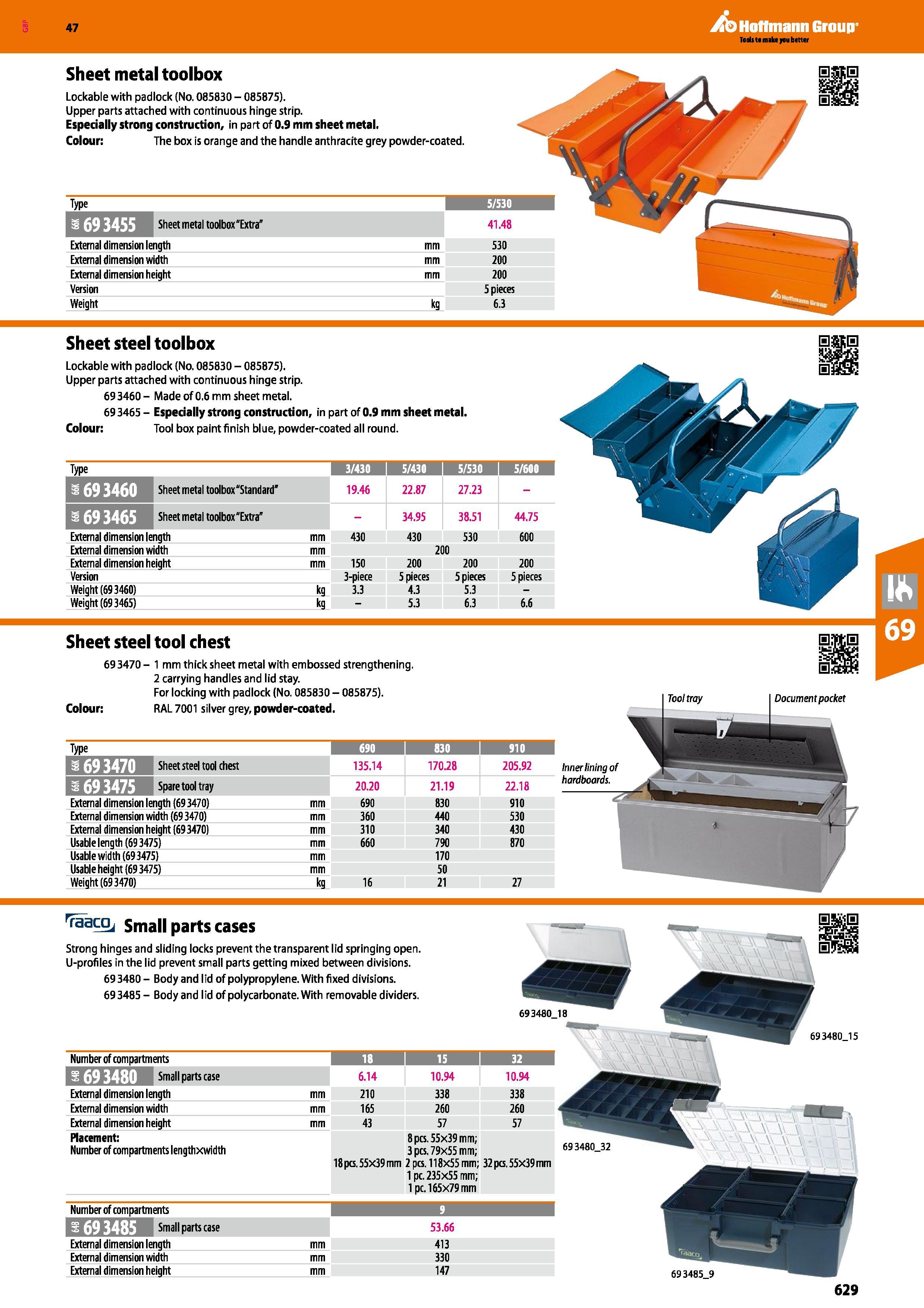 629 Hoffmann Group 47 Sheet metal toolbox Lockable with padlock (No 085830 - 085875) Upper parts attached with continuous hinge strip Especially stro Каталог HOFFMANN GROUP 2016 Ручной слесарно-монтажный и измерительный инструмент и оборудование от комплексного поставщика промышленных предприятий Вер. 47 Англ. Стр. 629