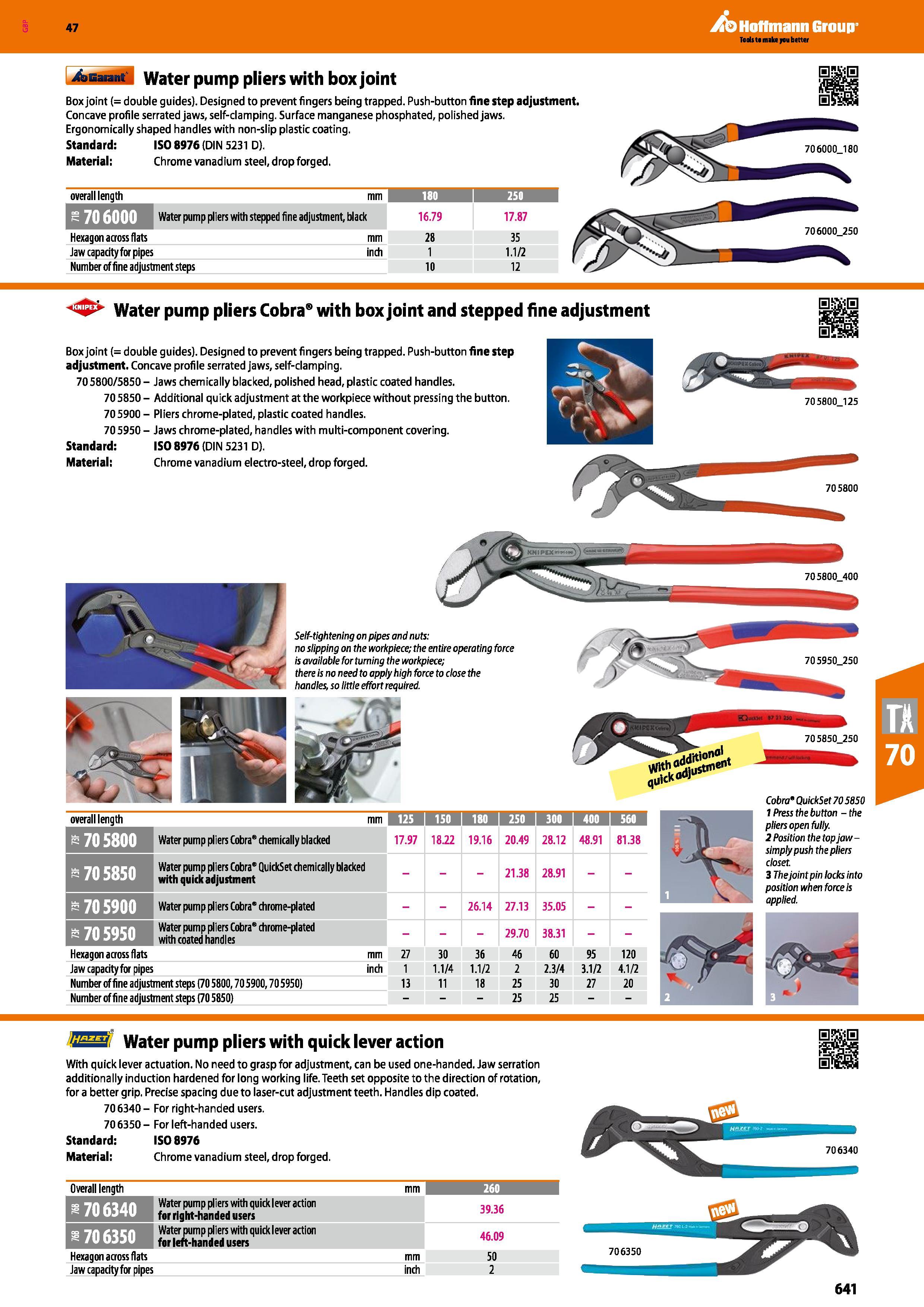 641 Hoffmann Group 47 overall length mm 180 i 250 706000 Water pump pliers with stepped fine adjustment, black 16 79 17 87 Hexagon across flats mm 28 Каталог HOFFMANN GROUP 2016 Ручной слесарно-монтажный и измерительный инструмент и оборудование от комплексного поставщика промышленных предприятий Вер. 47 Англ. Стр. 641