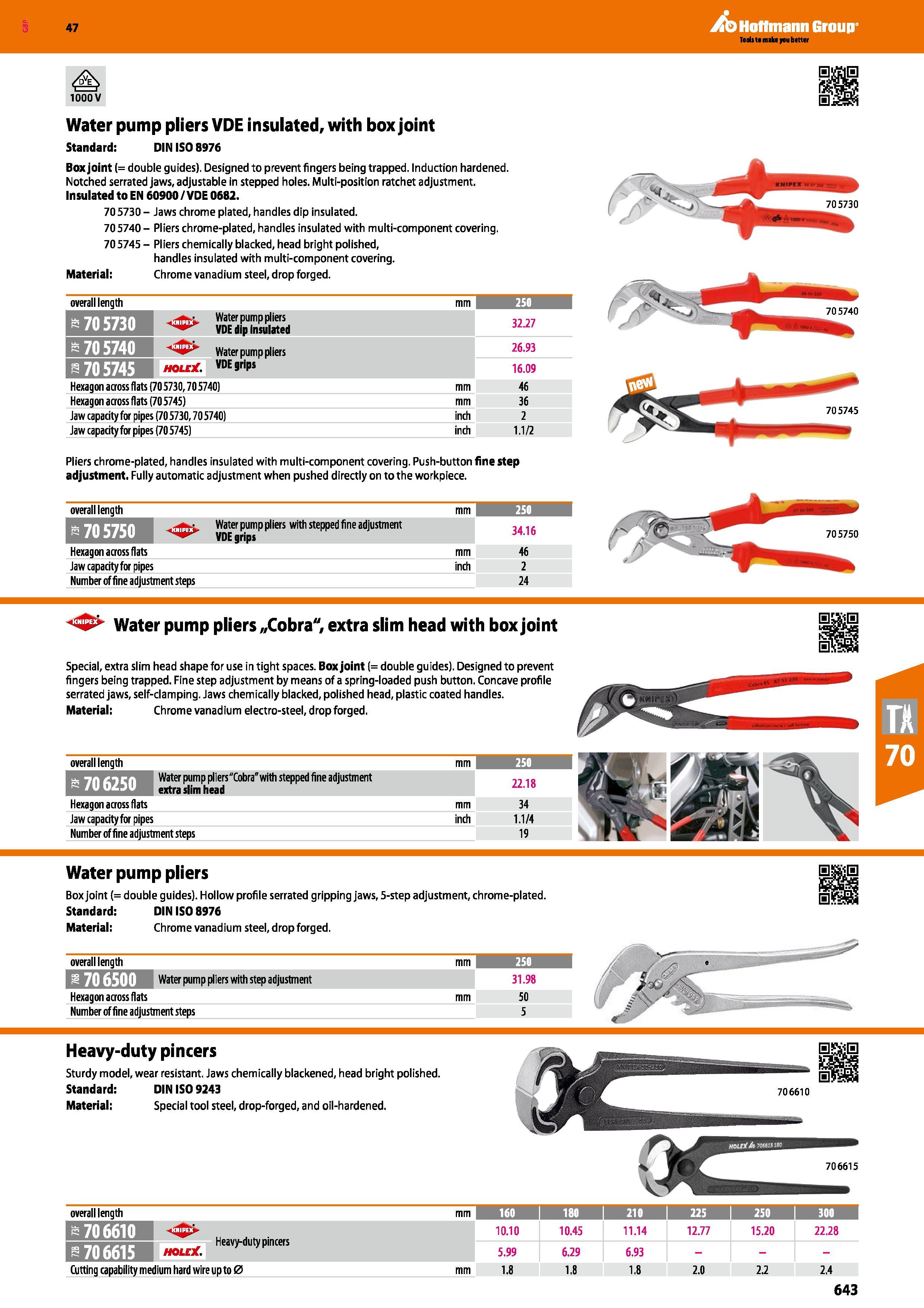 643 1000 V Water pump pliers VDE insulated, with box joint Standard: DIN ISO 8976 Box joint (= double guides) Designed to prevent fingers being trapp Каталог HOFFMANN GROUP 2016 Ручной слесарно-монтажный и измерительный инструмент и оборудование от комплексного поставщика промышленных предприятий Вер. 47 Англ. Стр. 643