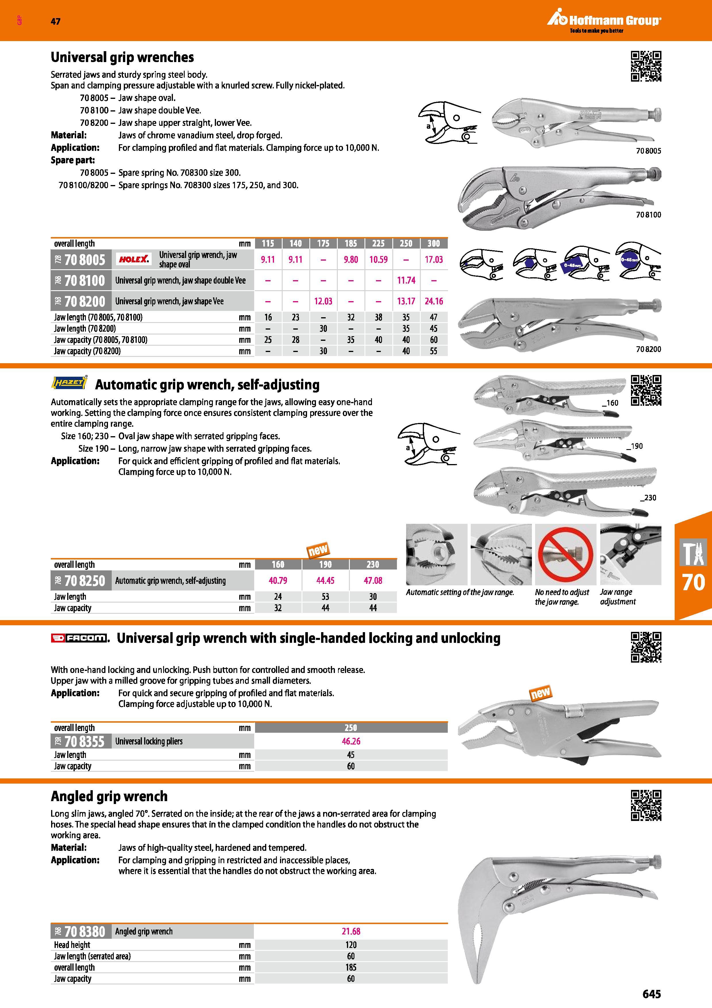 645 Hoflmann Group overall length mm holcX Universal grip wrench, jaw 9 11 9 11 - 9 80 10 59 - 17 03 tjjllil IT Universal grip wrench, jaw shape doub Каталог HOFFMANN GROUP 2016 Ручной слесарно-монтажный и измерительный инструмент и оборудование от комплексного поставщика промышленных предприятий Вер. 47 Англ. Стр. 645