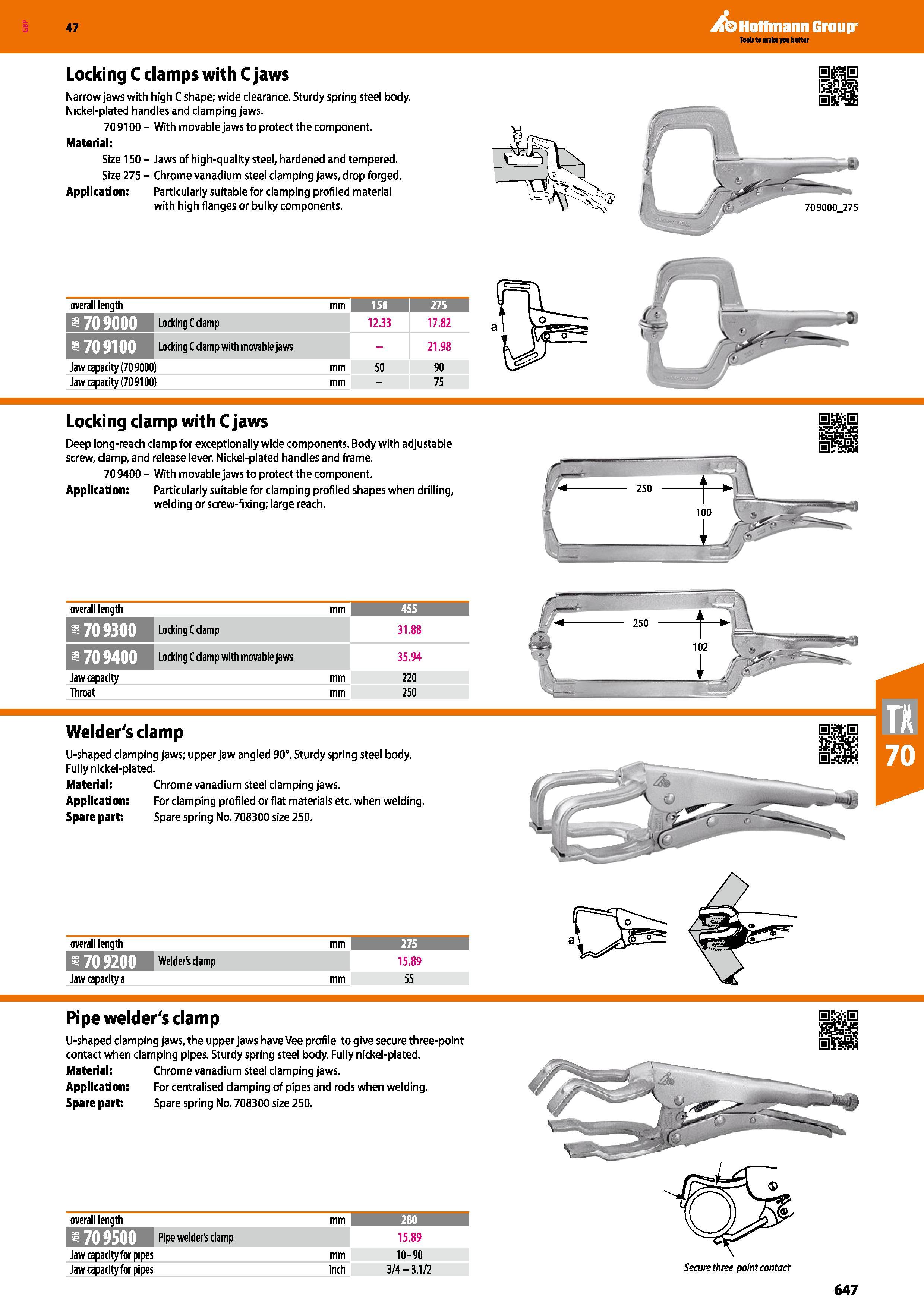 647 47 Locking C clamps with C jaws Narrow jaws with high C shape; wide clearance Sturdy spring steel body Nickel-plated handles and clamping jaws 70 Каталог HOFFMANN GROUP 2016 Ручной слесарно-монтажный и измерительный инструмент и оборудование от комплексного поставщика промышленных предприятий Вер. 47 Англ. Стр. 647