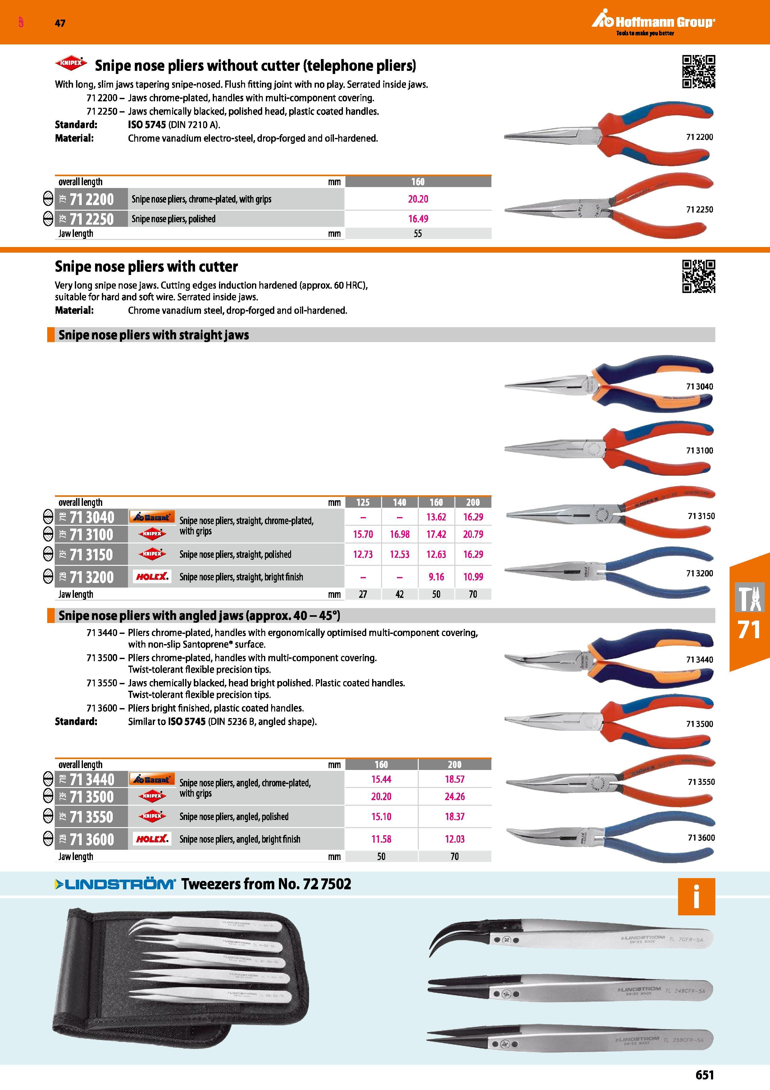 651 Hoffmann Group 47 Snipe nose pliers without cutter (telephone pliers) With long, slim jaws tapering snipe-nosed Flush fitting joint with no play Каталог HOFFMANN GROUP 2016 Ручной слесарно-монтажный и измерительный инструмент и оборудование от комплексного поставщика промышленных предприятий Вер. 47 Англ. Стр. 651