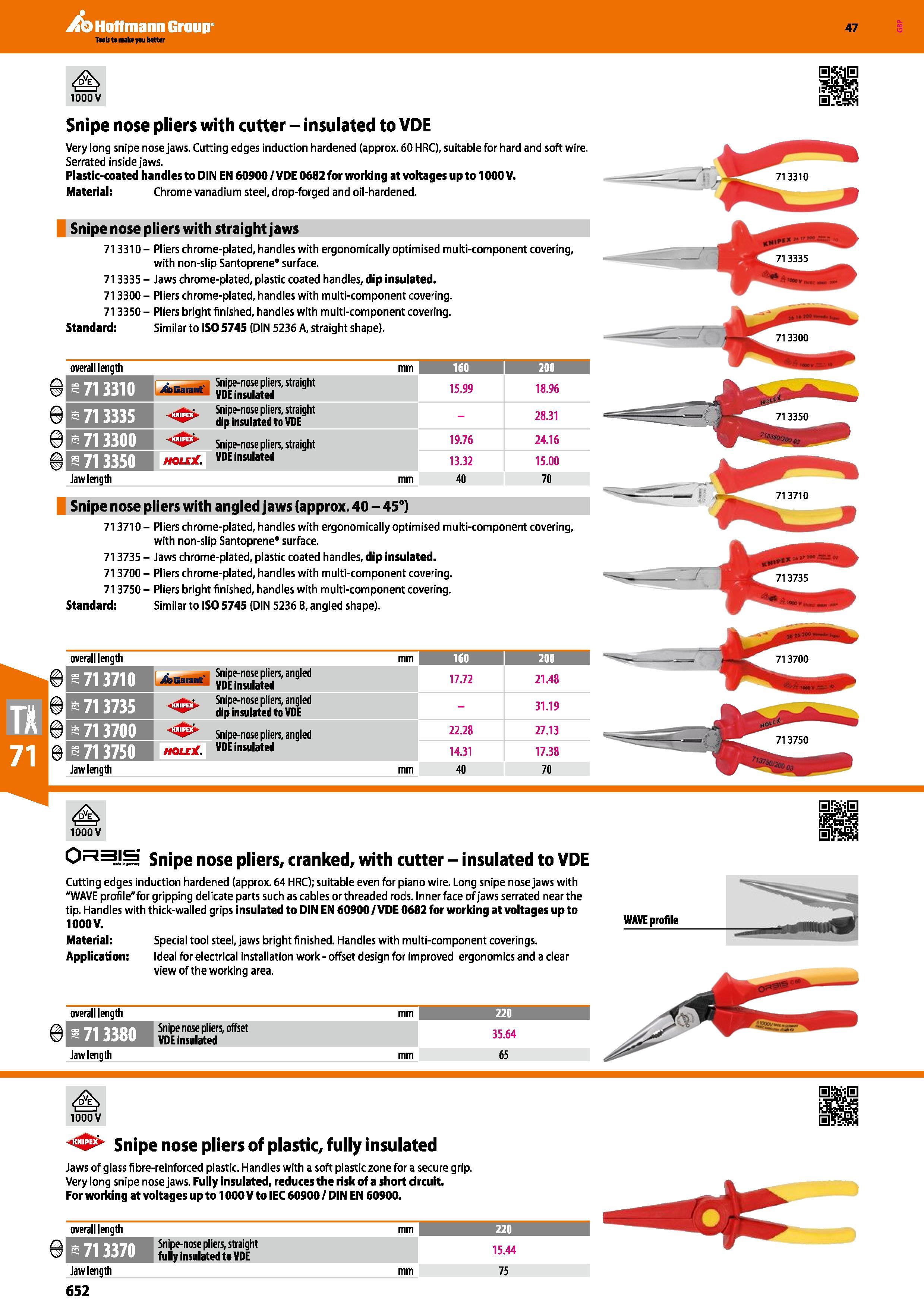 652 Hoffmann Group 47 SK 1000 V ifSEi 02 Snipe nose pliers with cutter - insulated to VDE Very long snipe nose jaws Cutting edges induction hardened Каталог HOFFMANN GROUP 2016 Ручной слесарно-монтажный и измерительный инструмент и оборудование от комплексного поставщика промышленных предприятий Вер. 47 Англ. Стр. 652