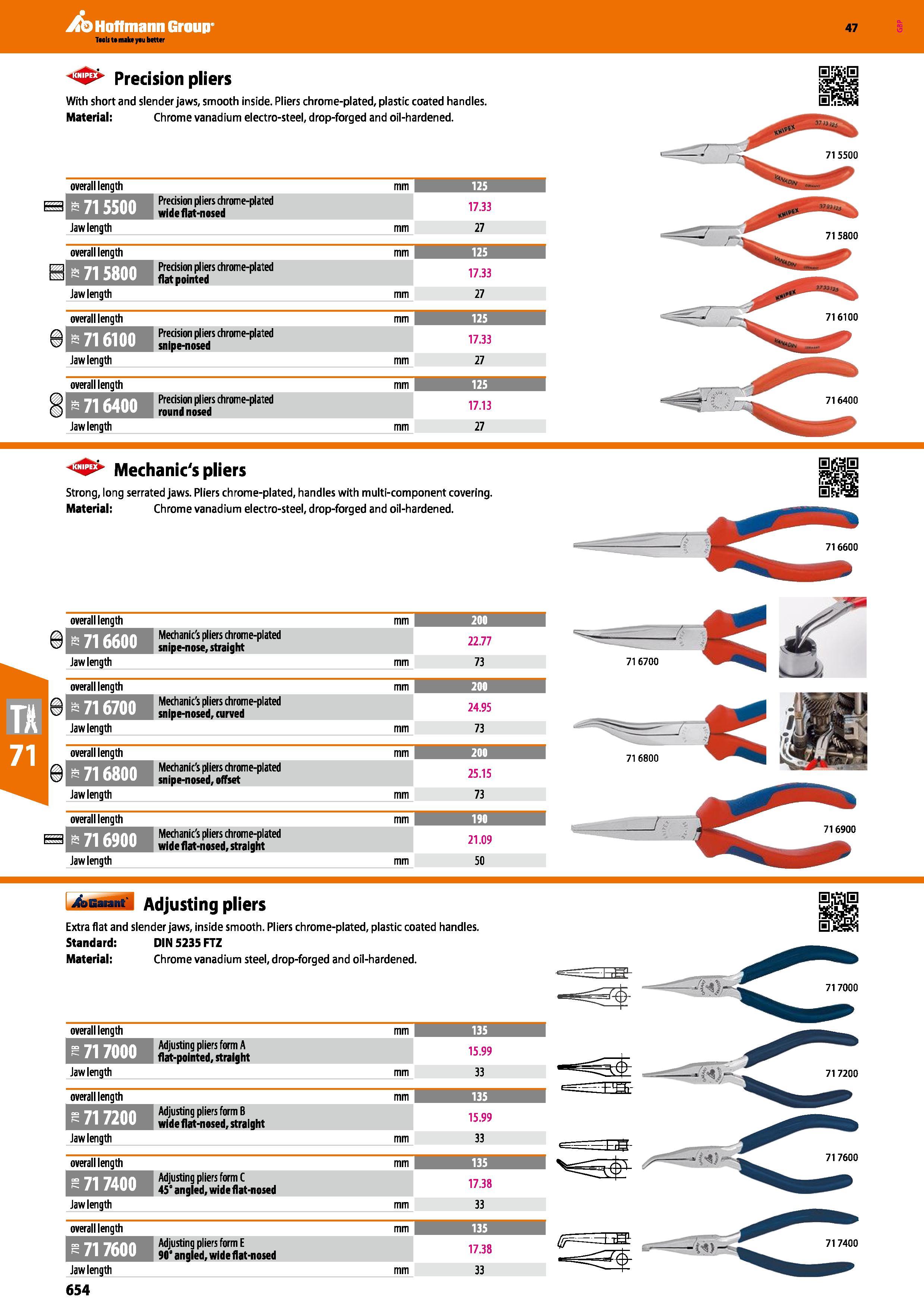 654 Hoffmann Group 47 Precision pliers With short and slender jaws, smooth inside Pliers chrome-plated, plastic coated handles Material: Chrome vanad Каталог HOFFMANN GROUP 2016 Ручной слесарно-монтажный и измерительный инструмент и оборудование от комплексного поставщика промышленных предприятий Вер. 47 Англ. Стр. 654