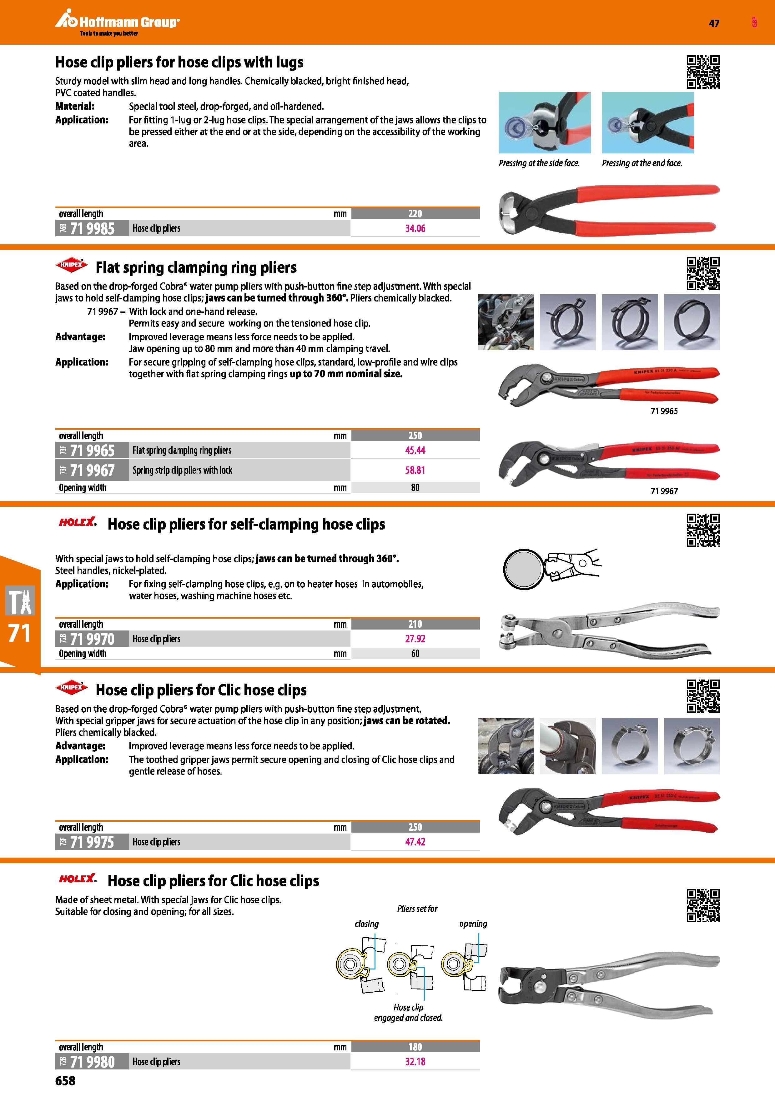 658 Hoffmann Group 47 Hose clip pliers for hose clips with lugs Sturdy model with slim head and long handles Chemically blacked, bright finished head Каталог HOFFMANN GROUP 2016 Ручной слесарно-монтажный и измерительный инструмент и оборудование от комплексного поставщика промышленных предприятий Вер. 47 Англ. Стр. 658