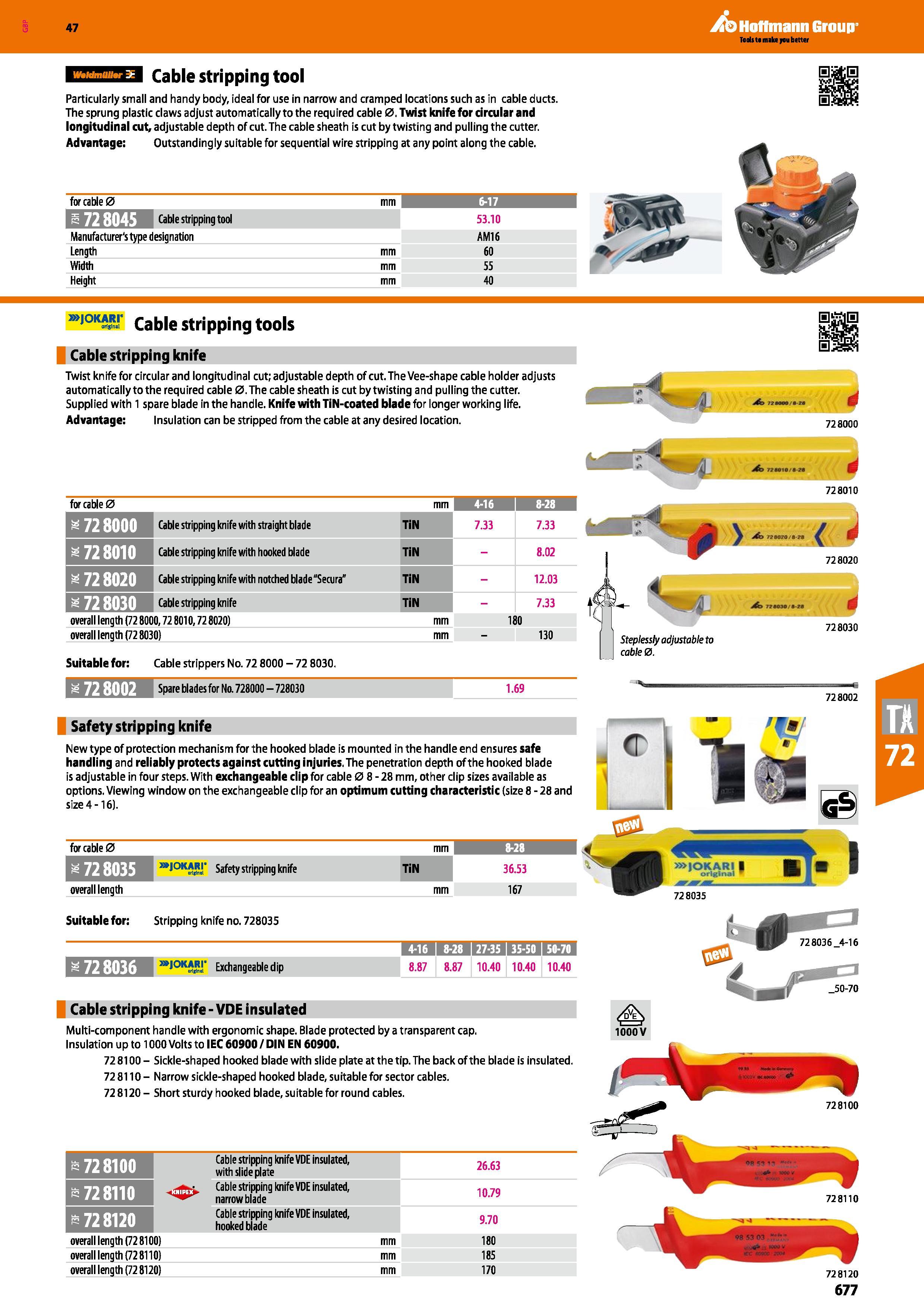 677 Hoffmann Group 47 Cable stripping tool Particularly small and handy body, ideal for use in narrow and cramped locations such as in cable ducts Th Каталог HOFFMANN GROUP 2016 Ручной слесарно-монтажный и измерительный инструмент и оборудование от комплексного поставщика промышленных предприятий Вер. 47 Англ. Стр. 677