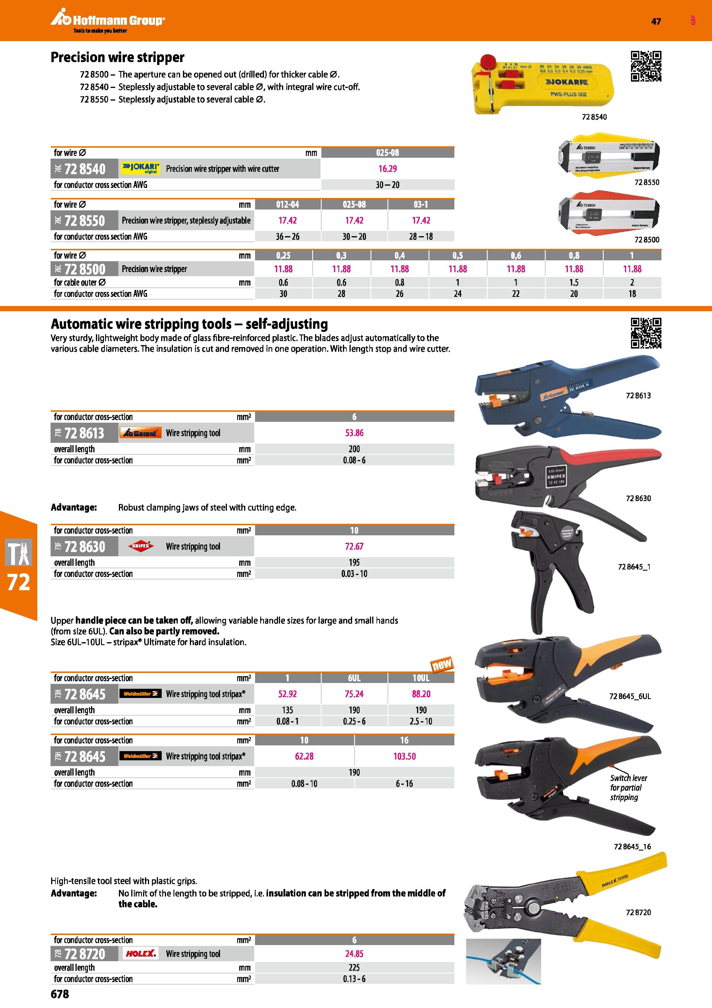 678 Hoffmann Group 47 Precision wire stripper 728500- The aperture can be opened out (drilled) for thicker cable 0 72 8540 - Steplessly adjustable to Каталог HOFFMANN GROUP 2016 Ручной слесарно-монтажный и измерительный инструмент и оборудование от комплексного поставщика промышленных предприятий Вер. 47 Англ. Стр. 678