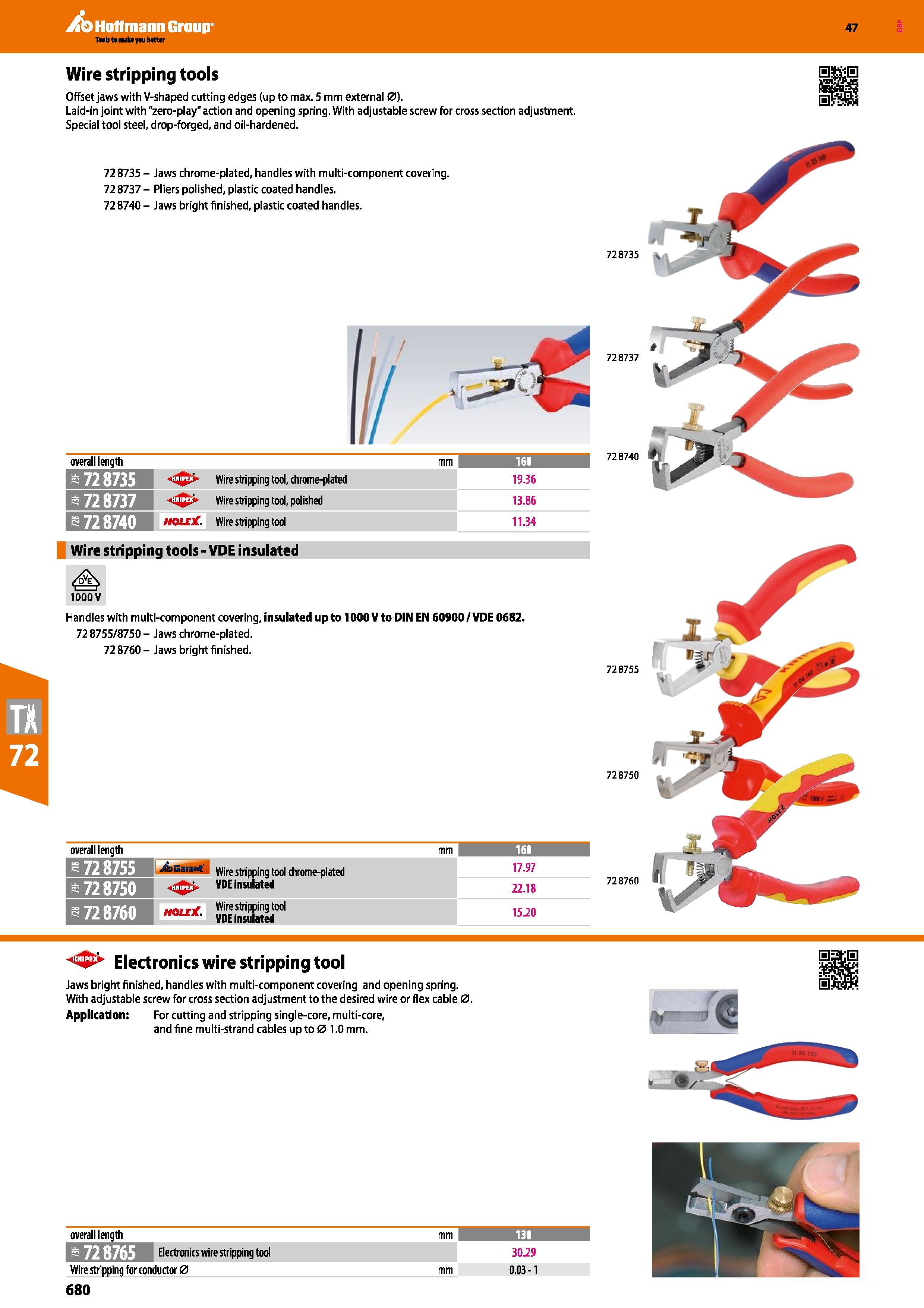 680 Hoffmann Group 47 Wire stripping tools Offset jaws with V-shaped cutting edges (up to max 5 mm external 0) Laid-in joint with “zero-play action a Каталог HOFFMANN GROUP 2016 Ручной слесарно-монтажный и измерительный инструмент и оборудование от комплексного поставщика промышленных предприятий Вер. 47 Англ. Стр. 680