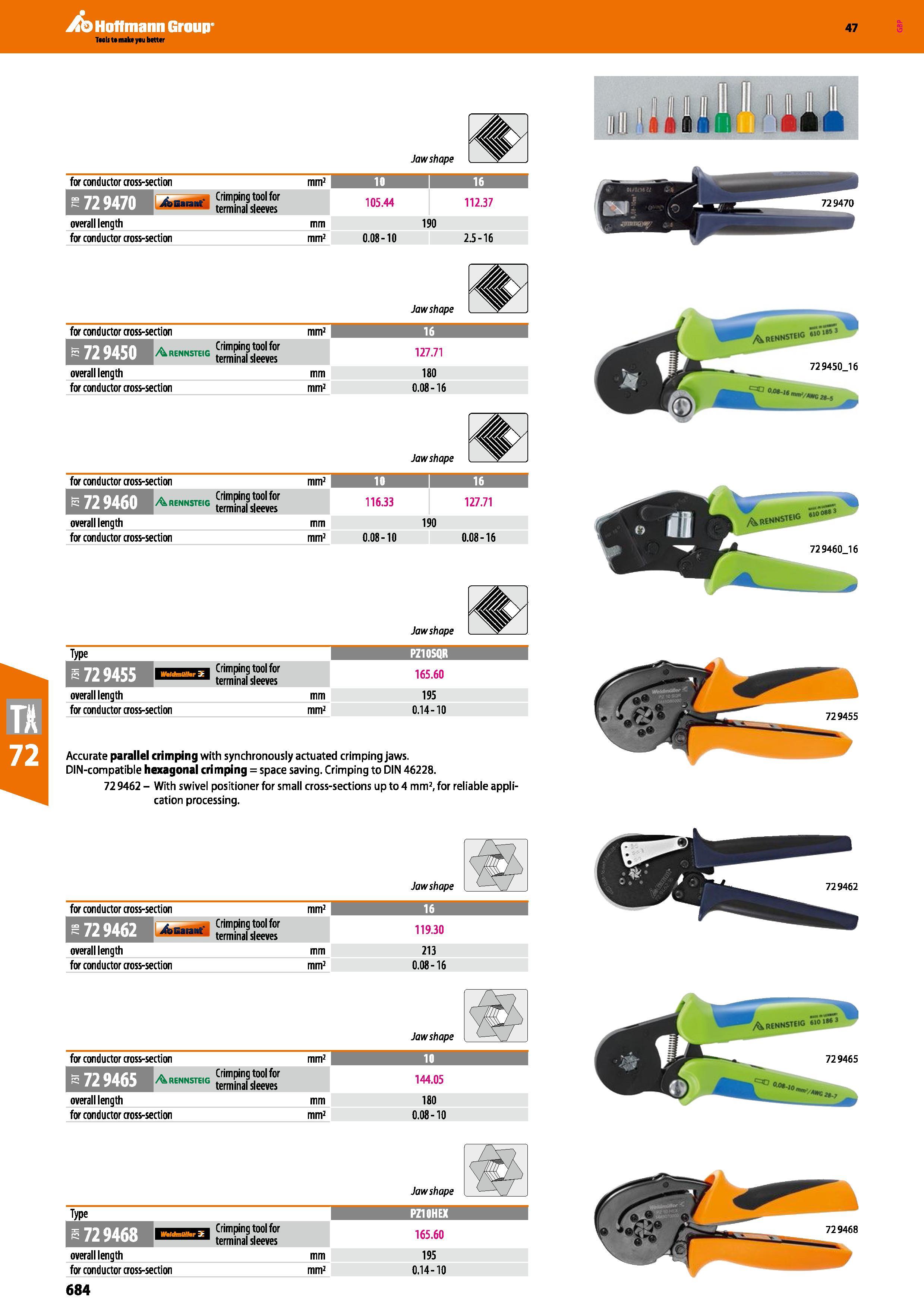 684 Hoffmann Group 47 Jaw shape overall length for conductor cross-section mm mm2 190 0 08-10 2 5-16 for conductor cross-section mm2 10 16 - Crimping Каталог HOFFMANN GROUP 2016 Ручной слесарно-монтажный и измерительный инструмент и оборудование от комплексного поставщика промышленных предприятий Вер. 47 Англ. Стр. 684