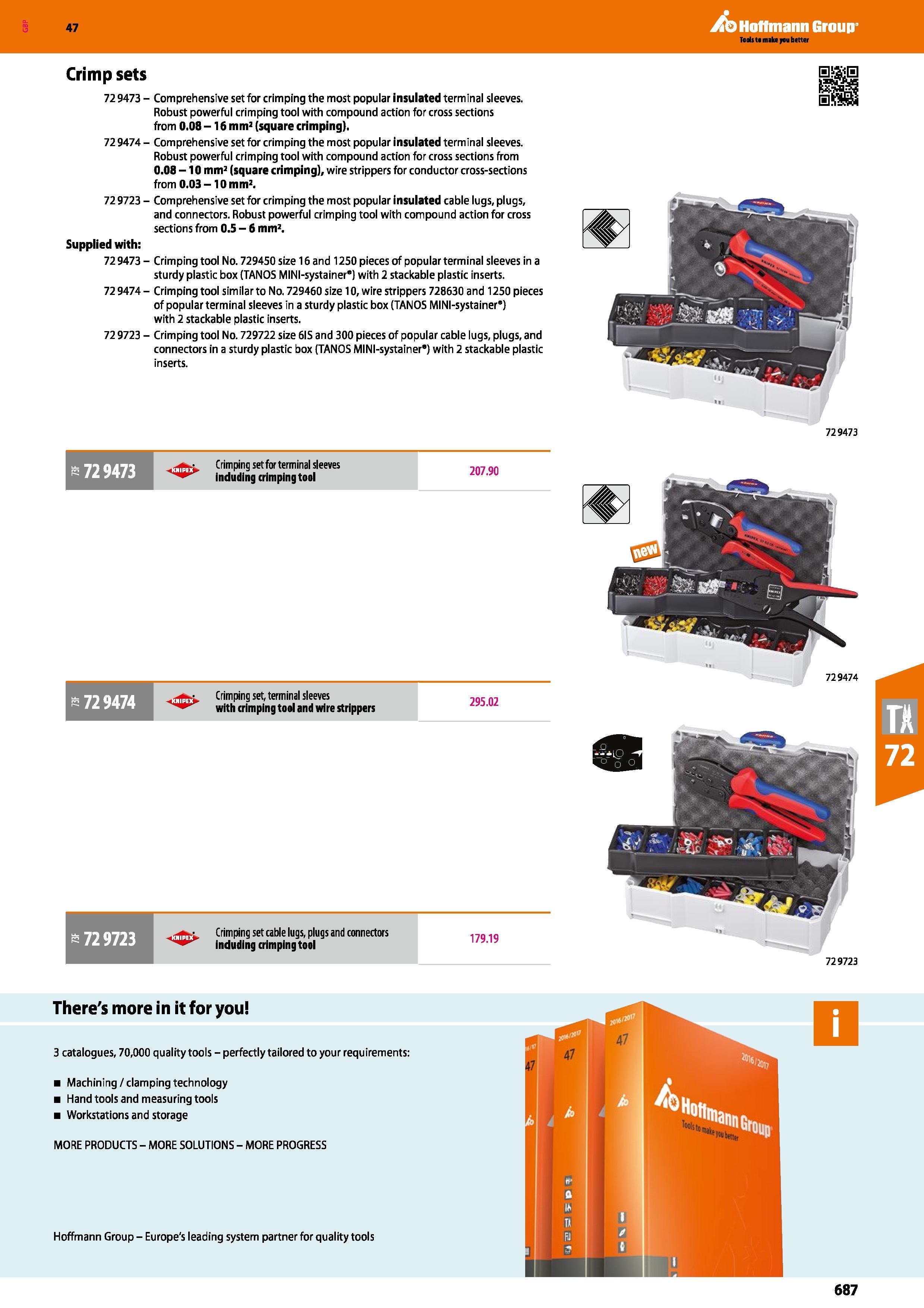 687 Hoffmann Group 47 Crimp sets 729473- Comprehensive set for crimping the most popular insulated terminal sleeves Robust powerful crimping tool wit Каталог HOFFMANN GROUP 2016 Ручной слесарно-монтажный и измерительный инструмент и оборудование от комплексного поставщика промышленных предприятий Вер. 47 Англ. Стр. 687