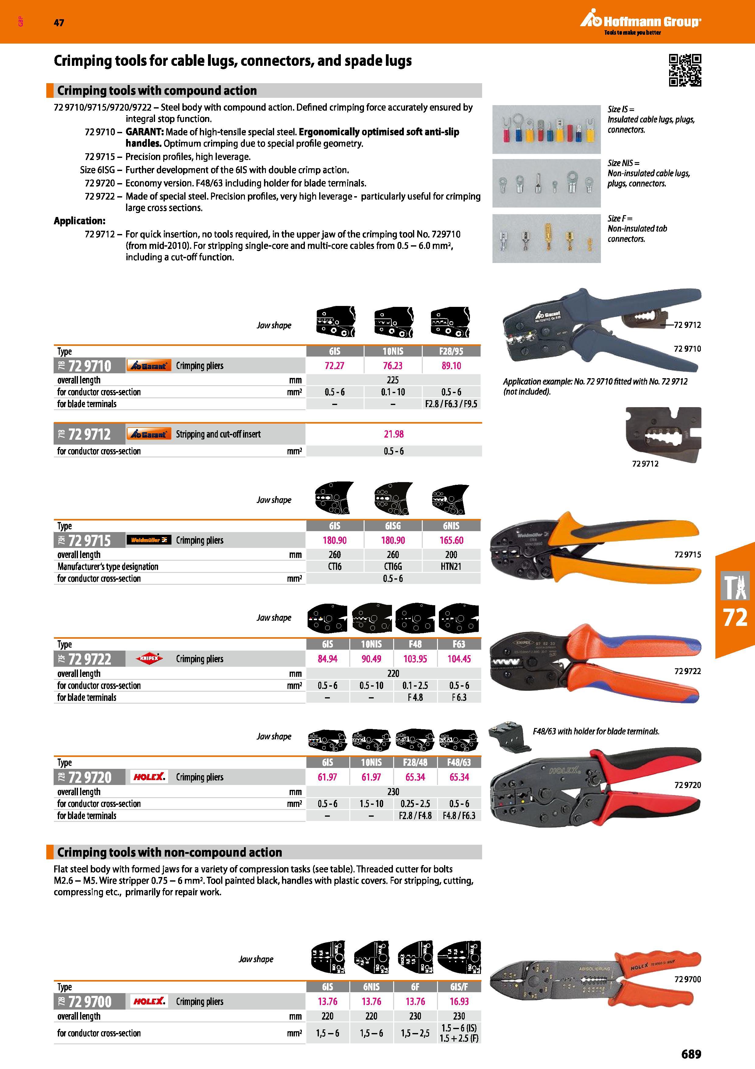 689 Hoffmann Group 47 Crimping tools for cable lugs, connectors, and spade lugs Crimping tools with compound action 72 9710/9715/9720/9722 - Steel bo Каталог HOFFMANN GROUP 2016 Ручной слесарно-монтажный и измерительный инструмент и оборудование от комплексного поставщика промышленных предприятий Вер. 47 Англ. Стр. 689