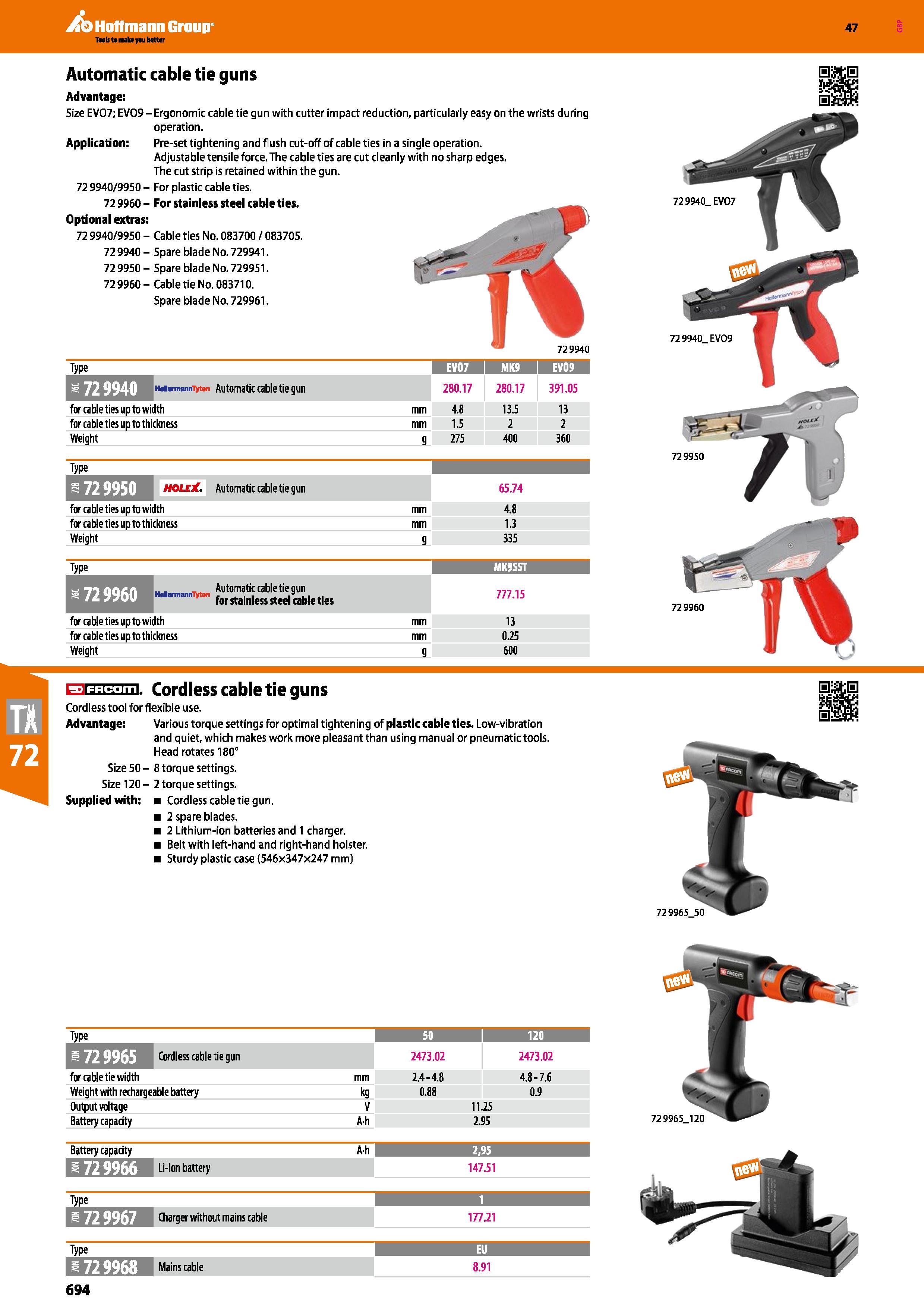 694 Hoffmann Group 47 Automatic cable tie guns Advantage: Size EV07; EV09 Application: 729940/9950-729960-Optional extras: 729940/9950- 729940- 72995 Каталог HOFFMANN GROUP 2016 Ручной слесарно-монтажный и измерительный инструмент и оборудование от комплексного поставщика промышленных предприятий Вер. 47 Англ. Стр. 694
