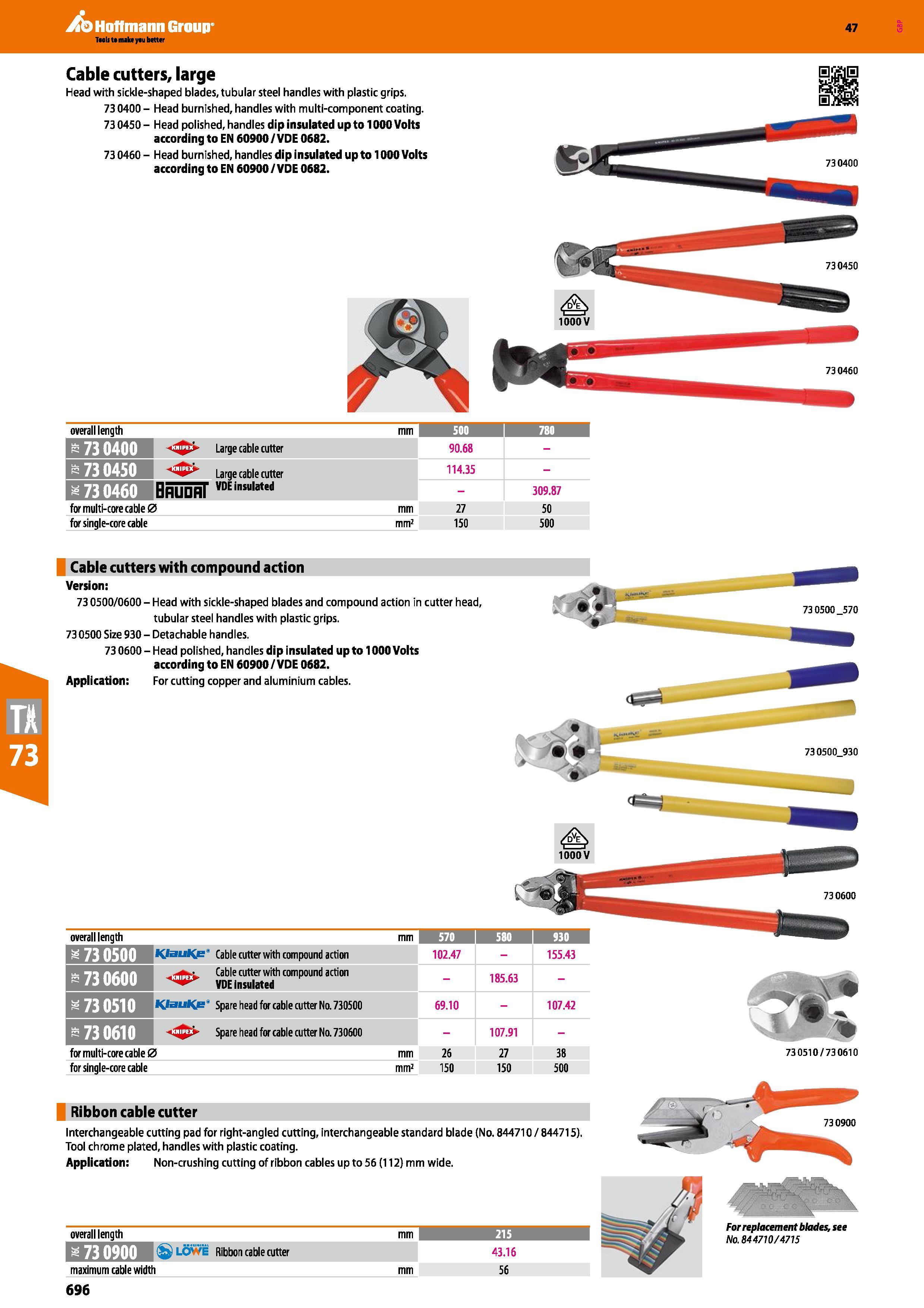696 Hoffmann Group 47 Cable cutters, large Head with sickle-shaped blades, tubular steel handles with plastic grips 73 0400 - Head burnished, handles Каталог HOFFMANN GROUP 2016 Ручной слесарно-монтажный и измерительный инструмент и оборудование от комплексного поставщика промышленных предприятий Вер. 47 Англ. Стр. 696