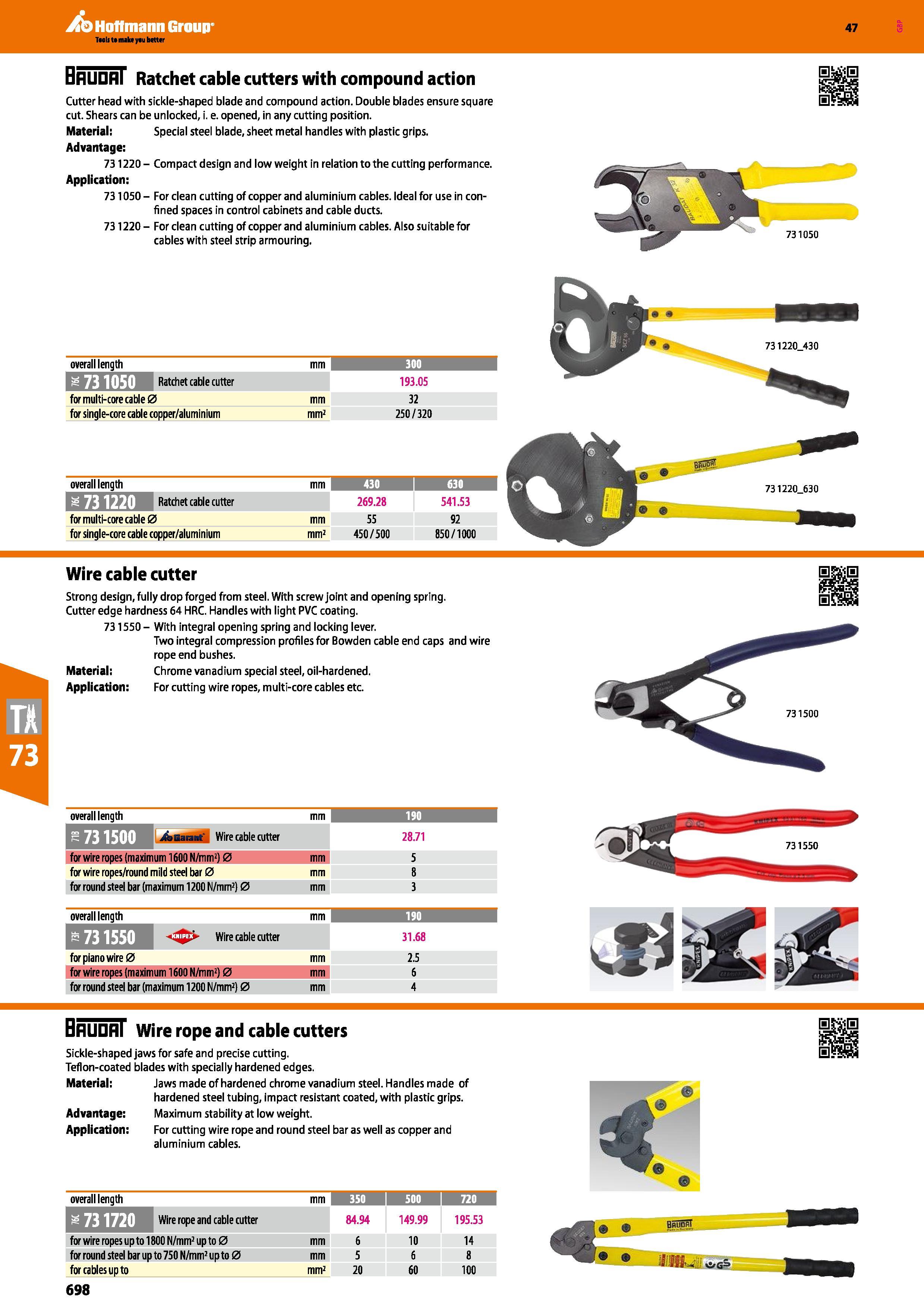 698 Hoffmann Group 47 Ratchet cable cutters with compound action Cutter head with sickle-shaped blade and compound action Double blades ensure square Каталог HOFFMANN GROUP 2016 Ручной слесарно-монтажный и измерительный инструмент и оборудование от комплексного поставщика промышленных предприятий Вер. 47 Англ. Стр. 698