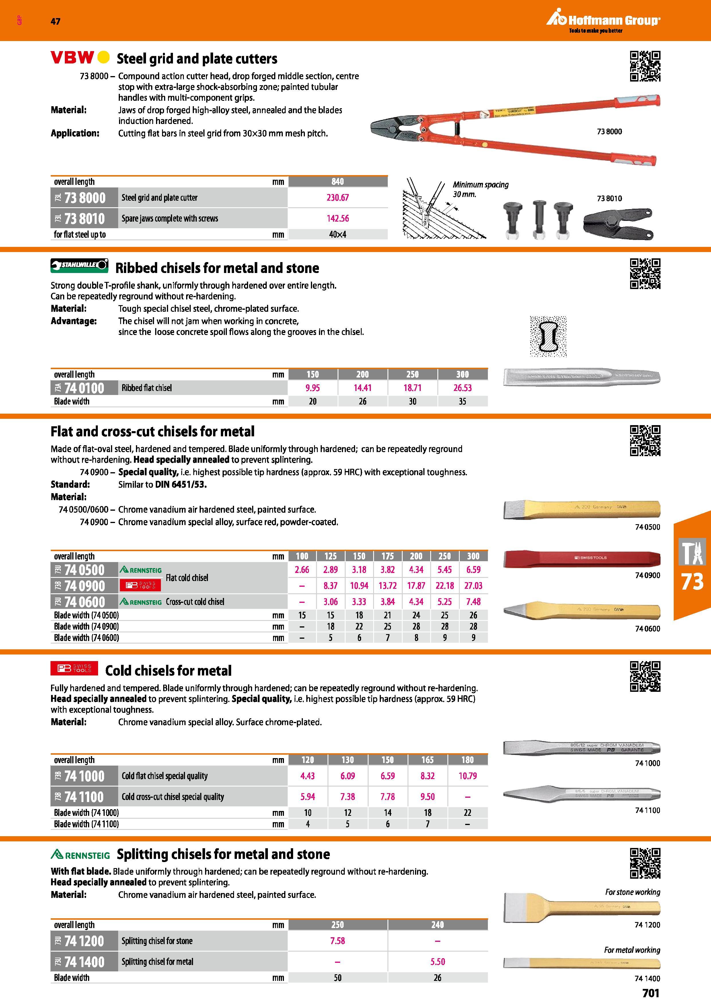 701 Hoffmann Group 47 VBW Steel grid and plate cutters 73 8000 - Compound action cutter head, drop forged middle section, centre stop with extra-larg Каталог HOFFMANN GROUP 2016 Ручной слесарно-монтажный и измерительный инструмент и оборудование от комплексного поставщика промышленных предприятий Вер. 47 Англ. Стр. 701