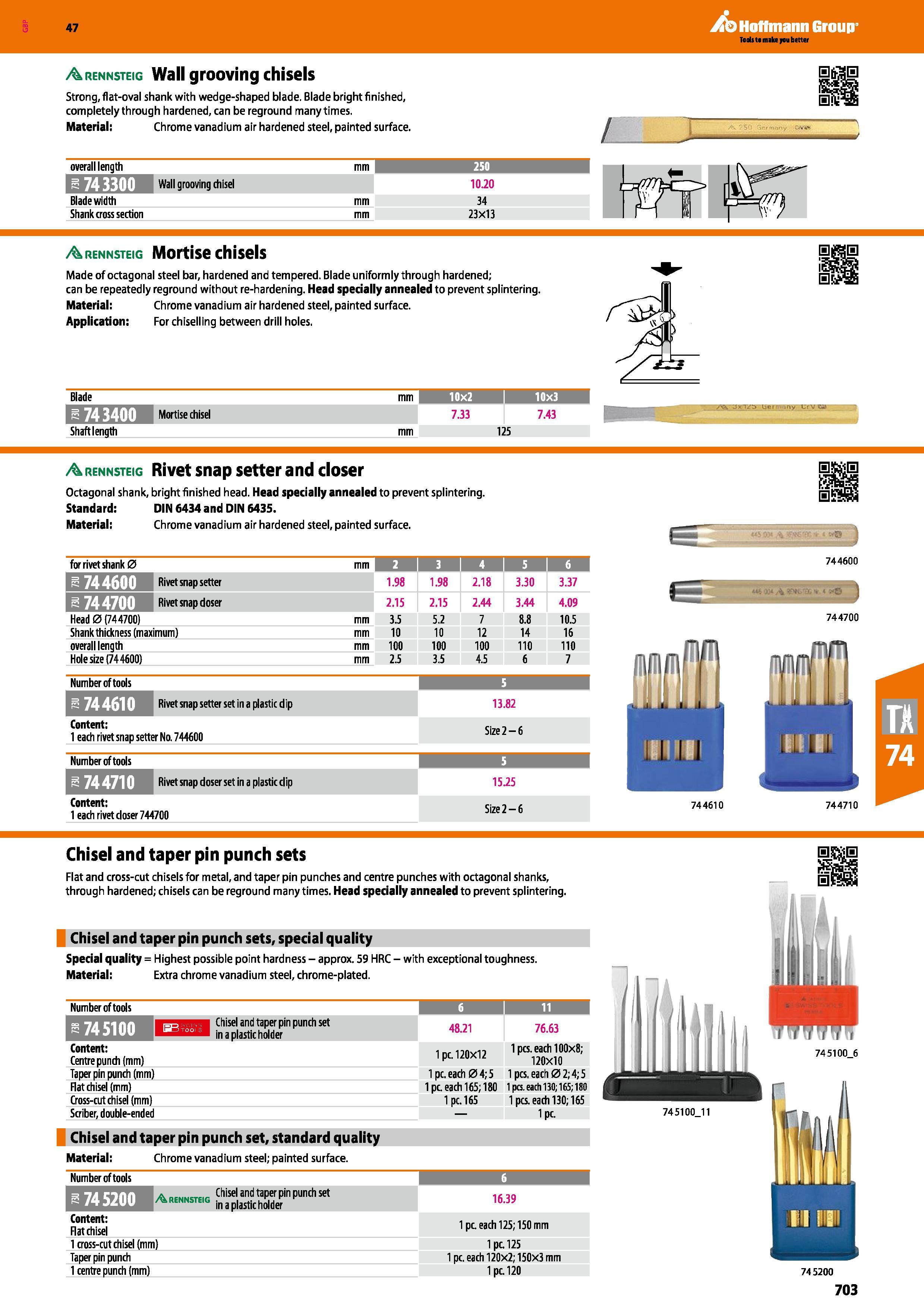703 Hoffmann Group 47 Arennsteig Wall grooving chisels Strong, flat-oval shank with wedge-shaped blade Blade bright finished, completely through hard Каталог HOFFMANN GROUP 2016 Ручной слесарно-монтажный и измерительный инструмент и оборудование от комплексного поставщика промышленных предприятий Вер. 47 Англ. Стр. 703