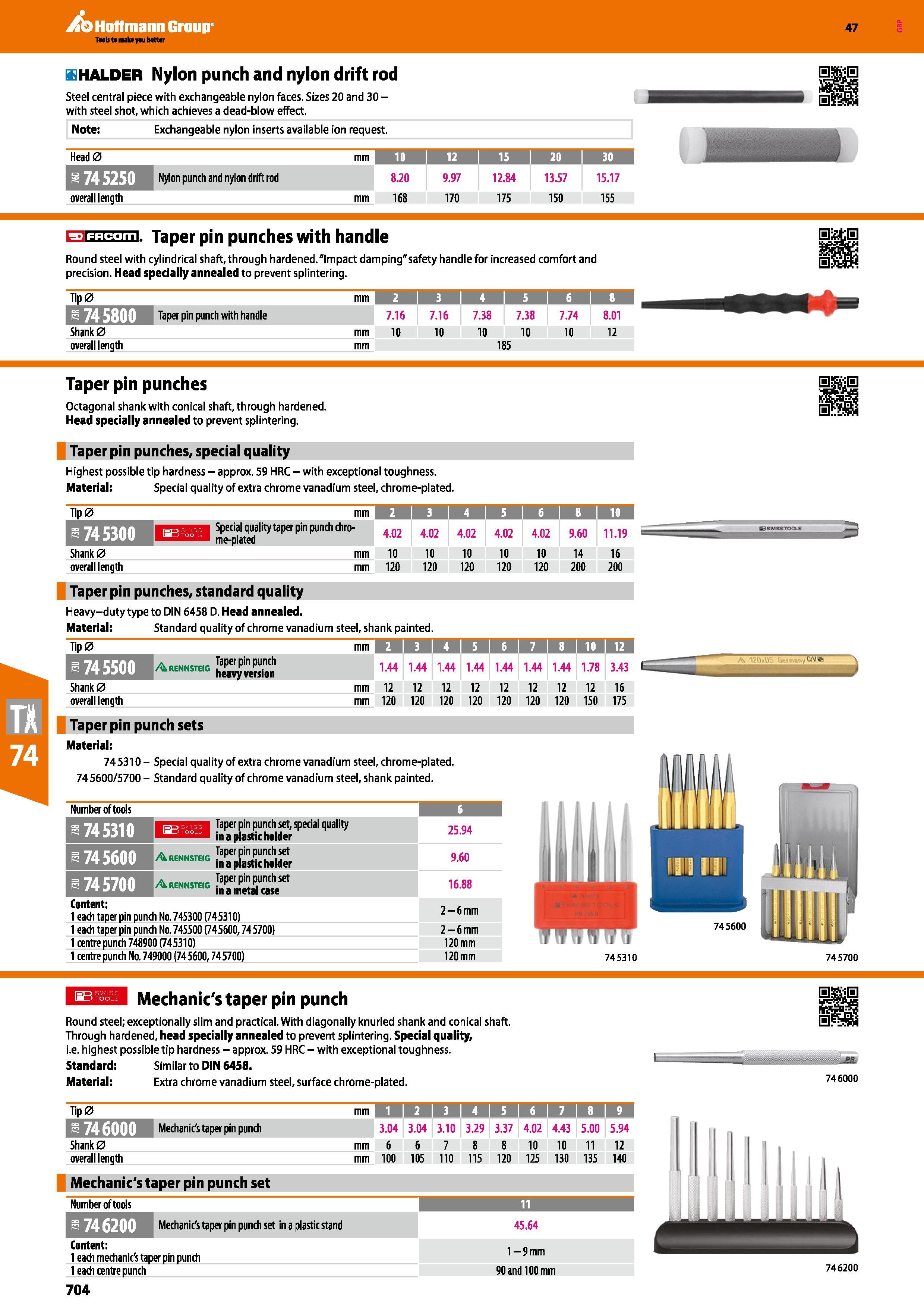 704 Hoffmann Group 47 fflHALDER Nylon punch and nylon drift rod Steel central piece with exchangeable nylon faces Sizes 20 and 30 -with steel shot, w Каталог HOFFMANN GROUP 2016 Ручной слесарно-монтажный и измерительный инструмент и оборудование от комплексного поставщика промышленных предприятий Вер. 47 Англ. Стр. 704