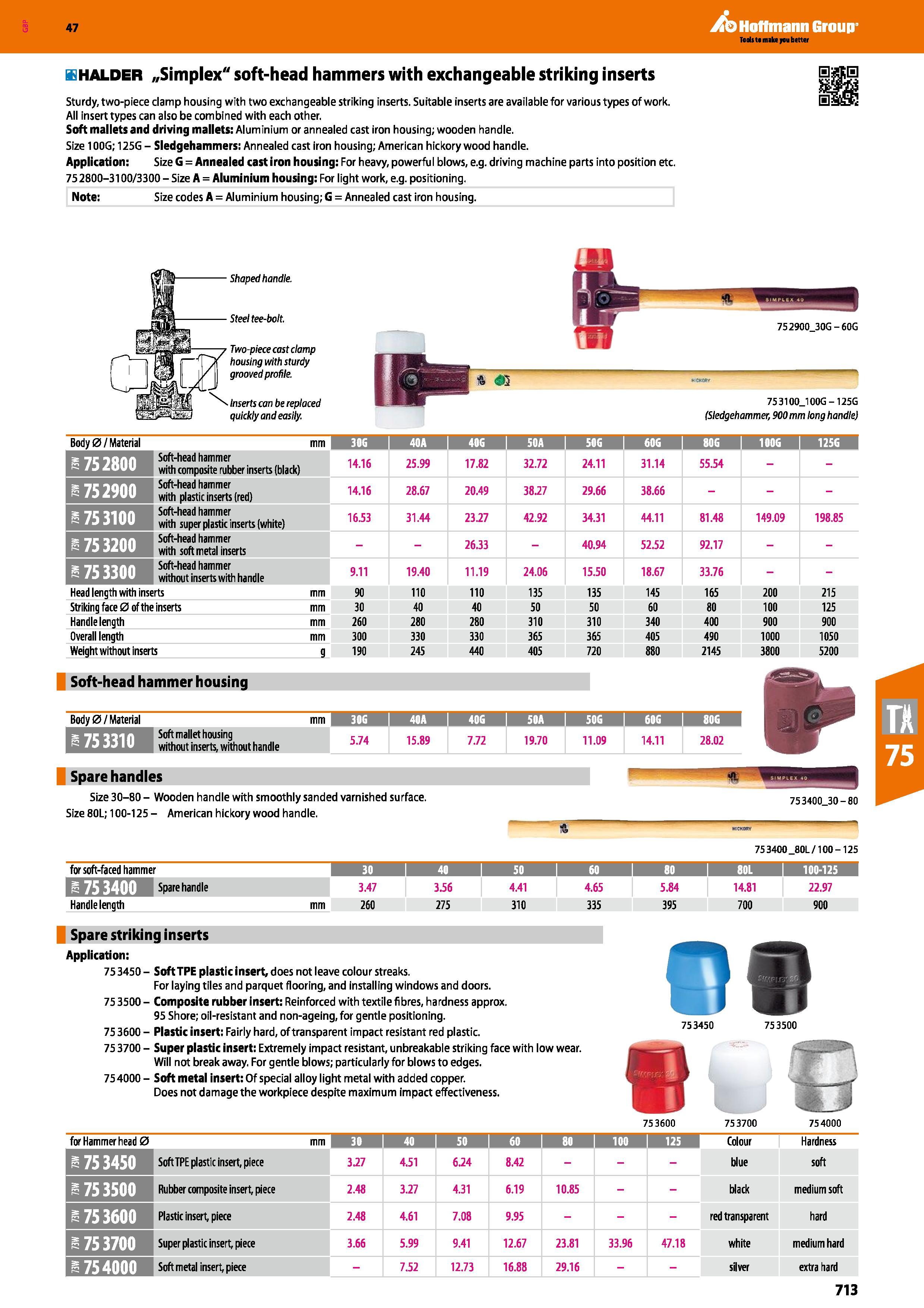 713 Hoffmann Group 47 fflHALDER „Simplex soft-head hammers with exchangeable striking inserts Sturdy, two-piece clamp housing with two exchangeable s Каталог HOFFMANN GROUP 2016 Ручной слесарно-монтажный и измерительный инструмент и оборудование от комплексного поставщика промышленных предприятий Вер. 47 Англ. Стр. 713