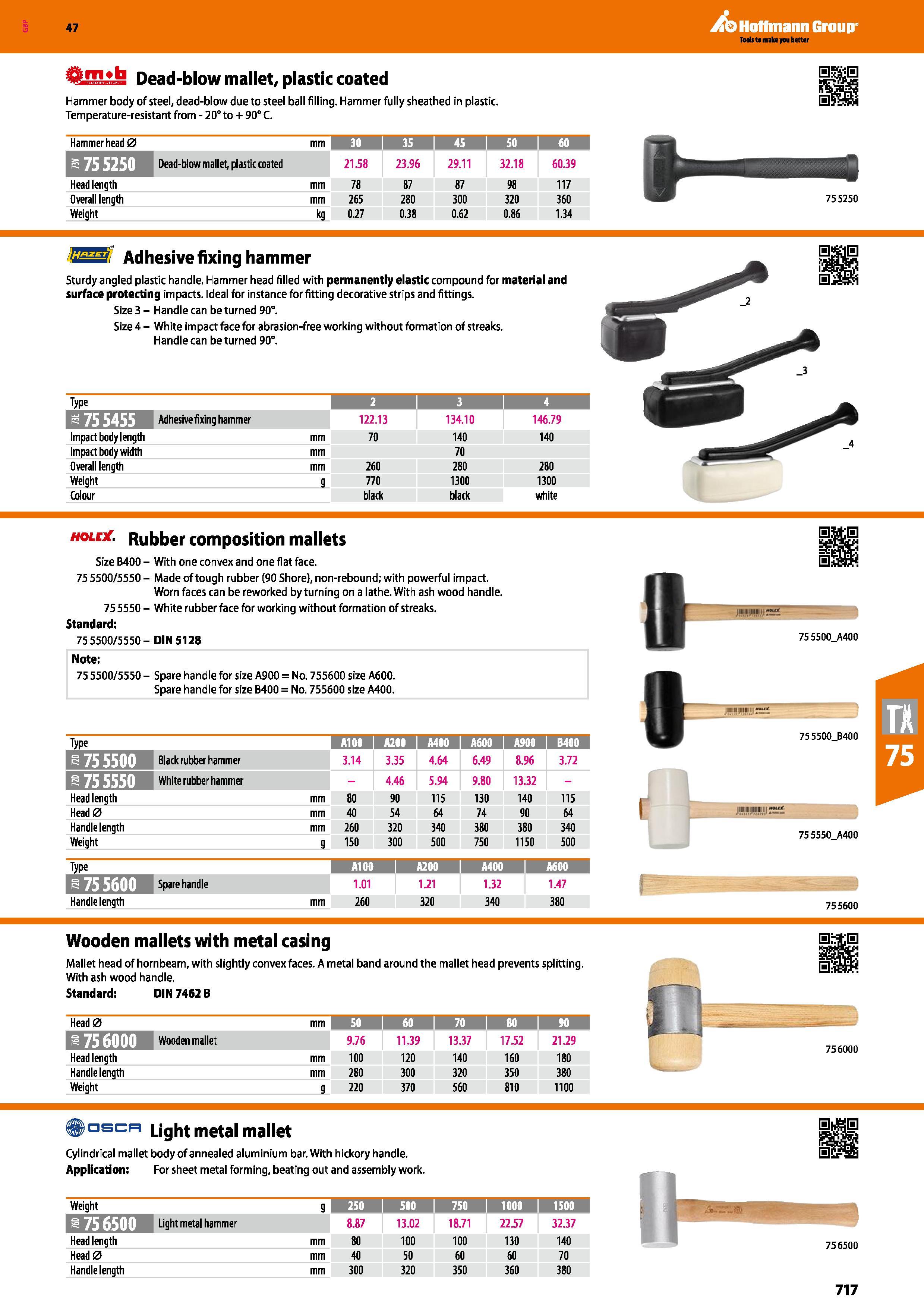 717 Hoffmann Group 47 Dead-blow mallet, plastic coated Hammer body of steel, dead-blow due to steel ball filling Hammer fully sheathed in plastic Tem Каталог HOFFMANN GROUP 2016 Ручной слесарно-монтажный и измерительный инструмент и оборудование от комплексного поставщика промышленных предприятий Вер. 47 Англ. Стр. 717