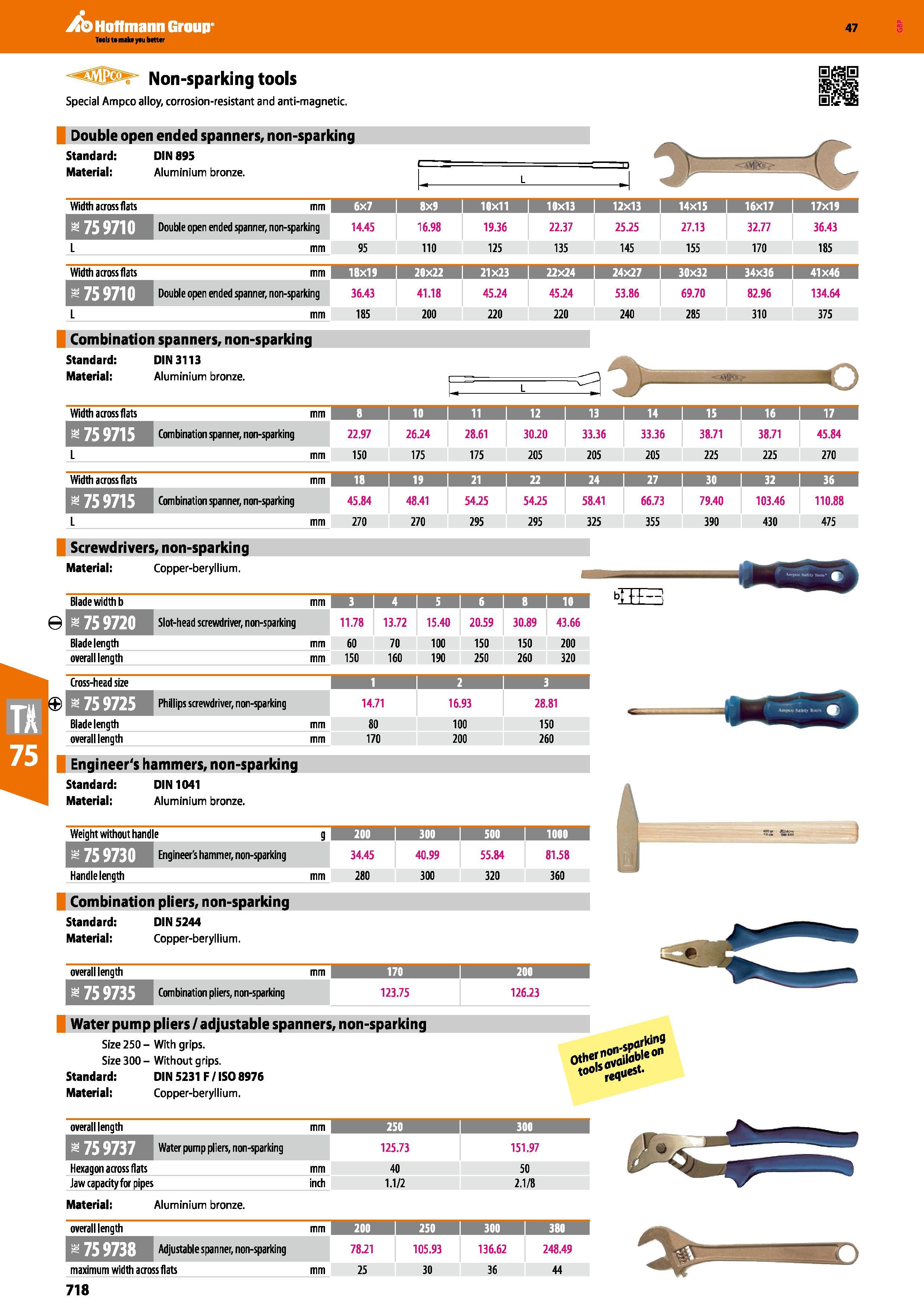 718 Hoffmann Group 47 Non-sparking tools Special Ampco alloy, corrosion-resistant and anti-magnetic Double open ended spanners, non-sparking Standard Каталог HOFFMANN GROUP 2016 Ручной слесарно-монтажный и измерительный инструмент и оборудование от комплексного поставщика промышленных предприятий Вер. 47 Англ. Стр. 718