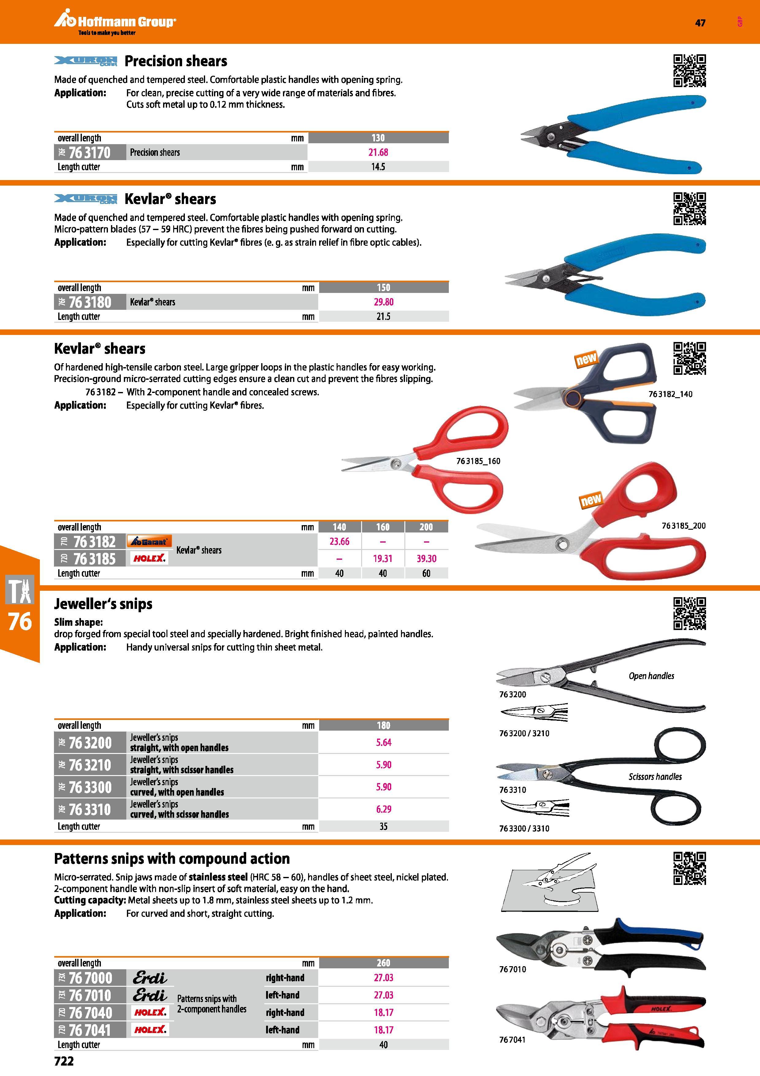 722 Hoffmann Group Tm It t make yau better Precision shears Made of quenched and tempered steel Comfortable plastic handles with opening spring Appli Каталог HOFFMANN GROUP 2016 Ручной слесарно-монтажный и измерительный инструмент и оборудование от комплексного поставщика промышленных предприятий Вер. 47 Англ. Стр. 722
