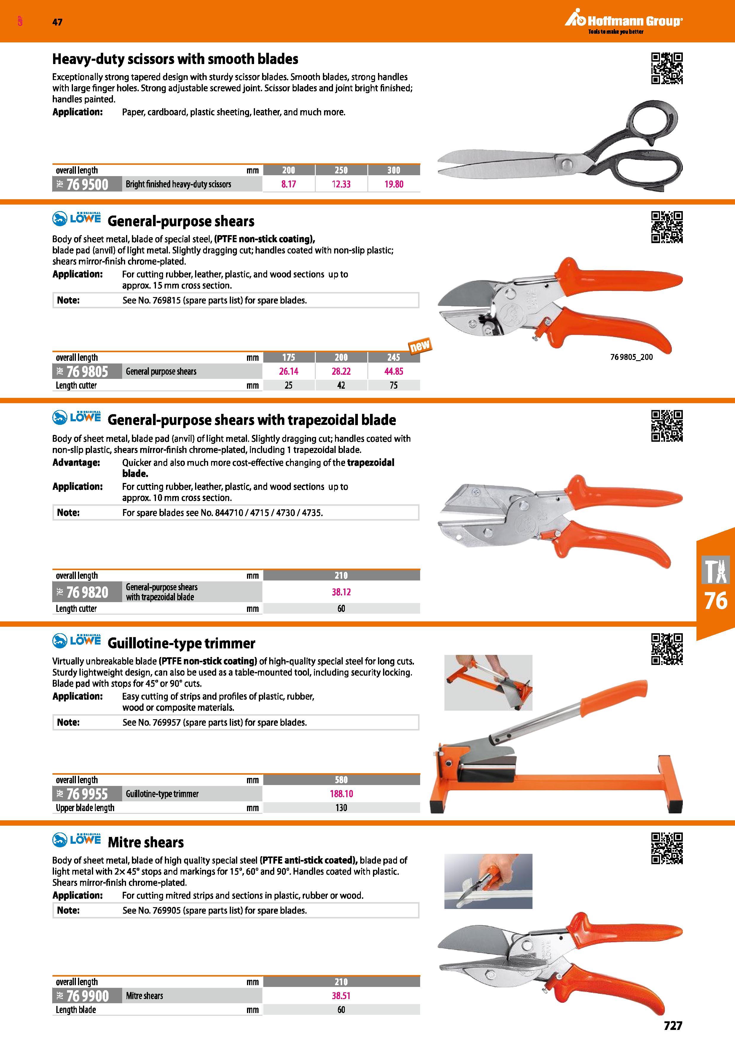 727 Hoffmann Group 47 Heavy-duty scissors with smooth blades Exceptionally strong tapered design with sturdy scissor blades Smooth blades, strong han Каталог HOFFMANN GROUP 2016 Ручной слесарно-монтажный и измерительный инструмент и оборудование от комплексного поставщика промышленных предприятий Вер. 47 Англ. Стр. 727