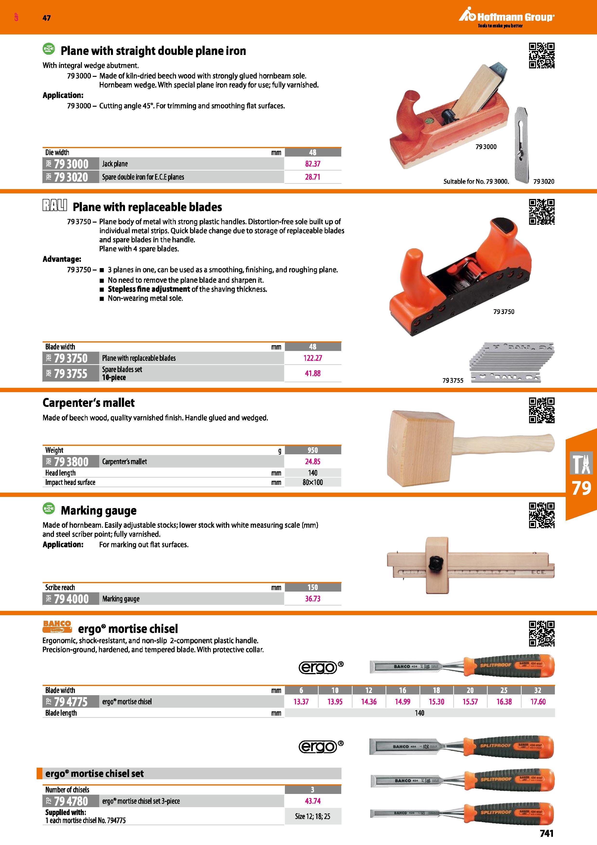 741 Hoffmann Group 47 0 Plane with straight double plane iron With integral wedge abutment 79 3000 - Made of kiln-dried beech wood with strongly glue Каталог HOFFMANN GROUP 2016 Ручной слесарно-монтажный и измерительный инструмент и оборудование от комплексного поставщика промышленных предприятий Вер. 47 Англ. Стр. 741