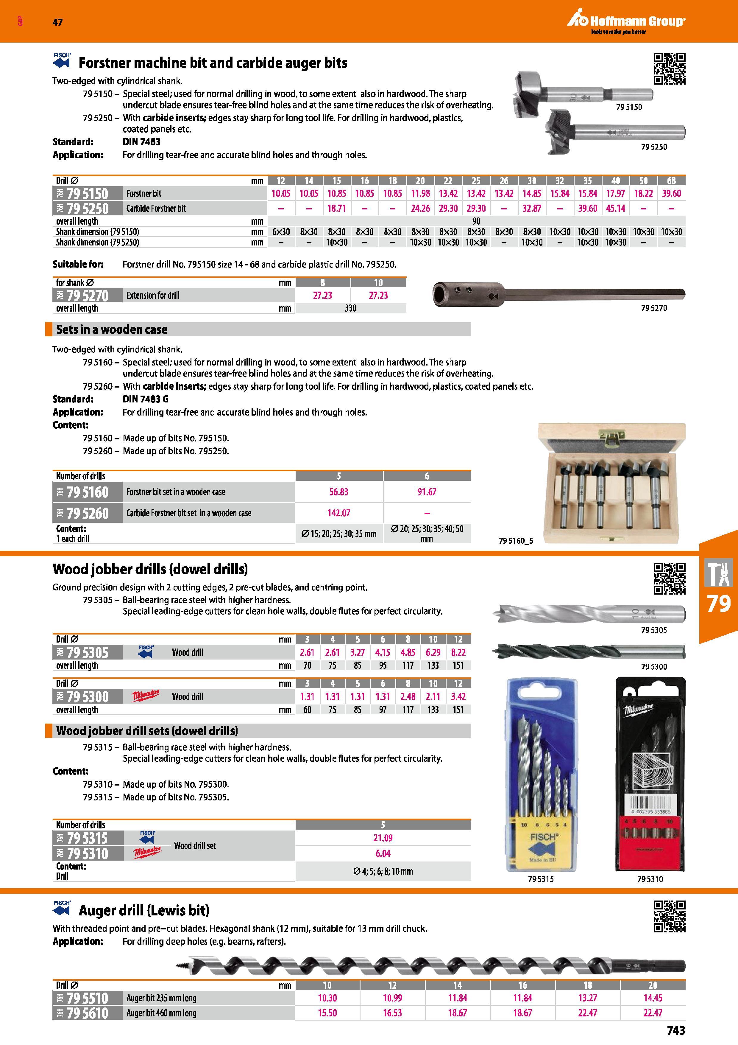 743 47 Forstner machine bit and carbide auger bits Two-edged with cylindrical shank 795150- Special steel; used for normal drilling in wood, to some Каталог HOFFMANN GROUP 2016 Ручной слесарно-монтажный и измерительный инструмент и оборудование от комплексного поставщика промышленных предприятий Вер. 47 Англ. Стр. 743