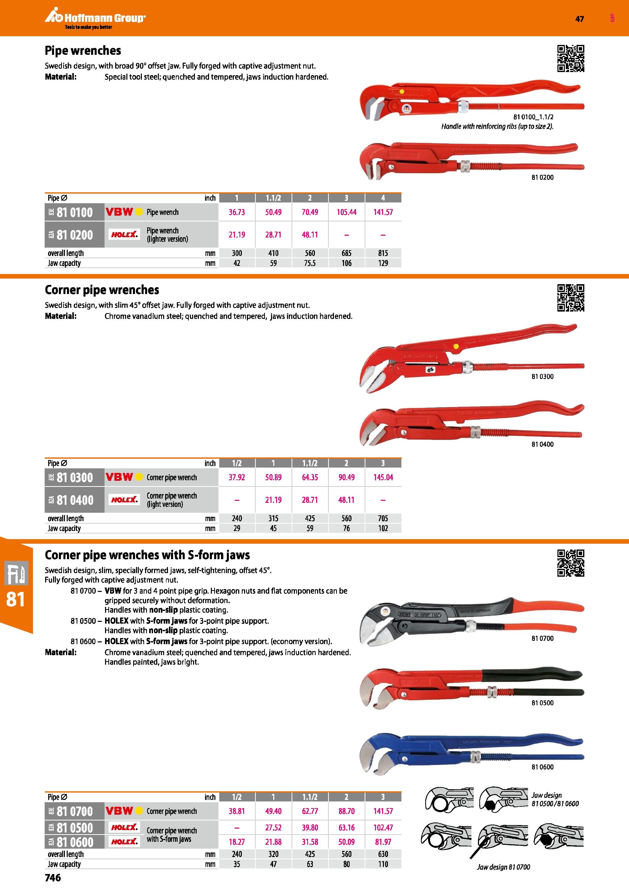 746 Hoffmann Group 47 Pipe wrenches Swedish design, with broad 90° offset jaw Fully forged with captive adjustment nut Material: Special tool steel; Каталог HOFFMANN GROUP 2016 Ручной слесарно-монтажный и измерительный инструмент и оборудование от комплексного поставщика промышленных предприятий Вер. 47 Англ. Стр. 746
