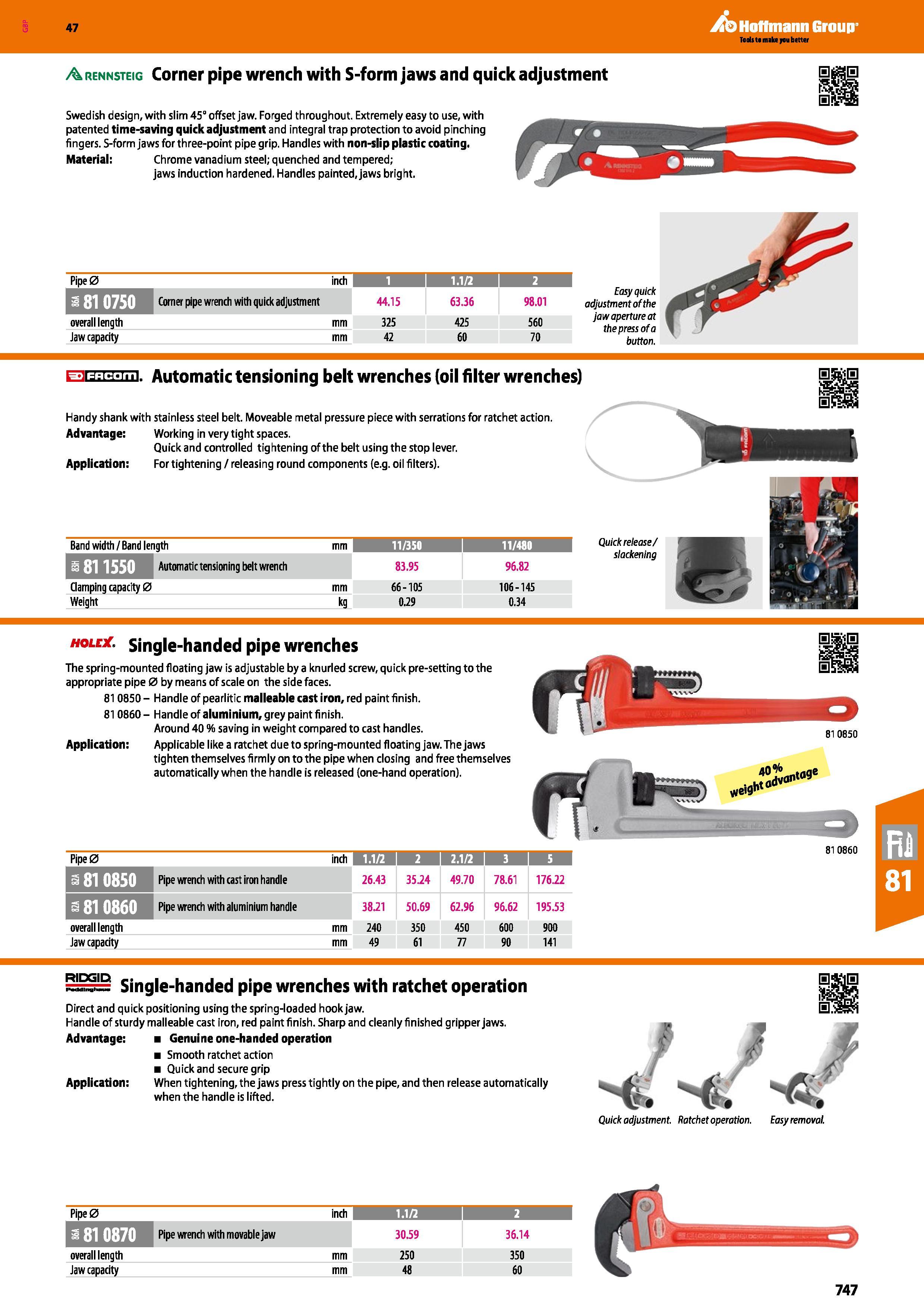 747 Hoffmann Group 47 A rennsteig Corner pipe wrench with S-form jaws and quick adjustment Swedish design, with slim 45° offset jaw Forged throughout Каталог HOFFMANN GROUP 2016 Ручной слесарно-монтажный и измерительный инструмент и оборудование от комплексного поставщика промышленных предприятий Вер. 47 Англ. Стр. 747