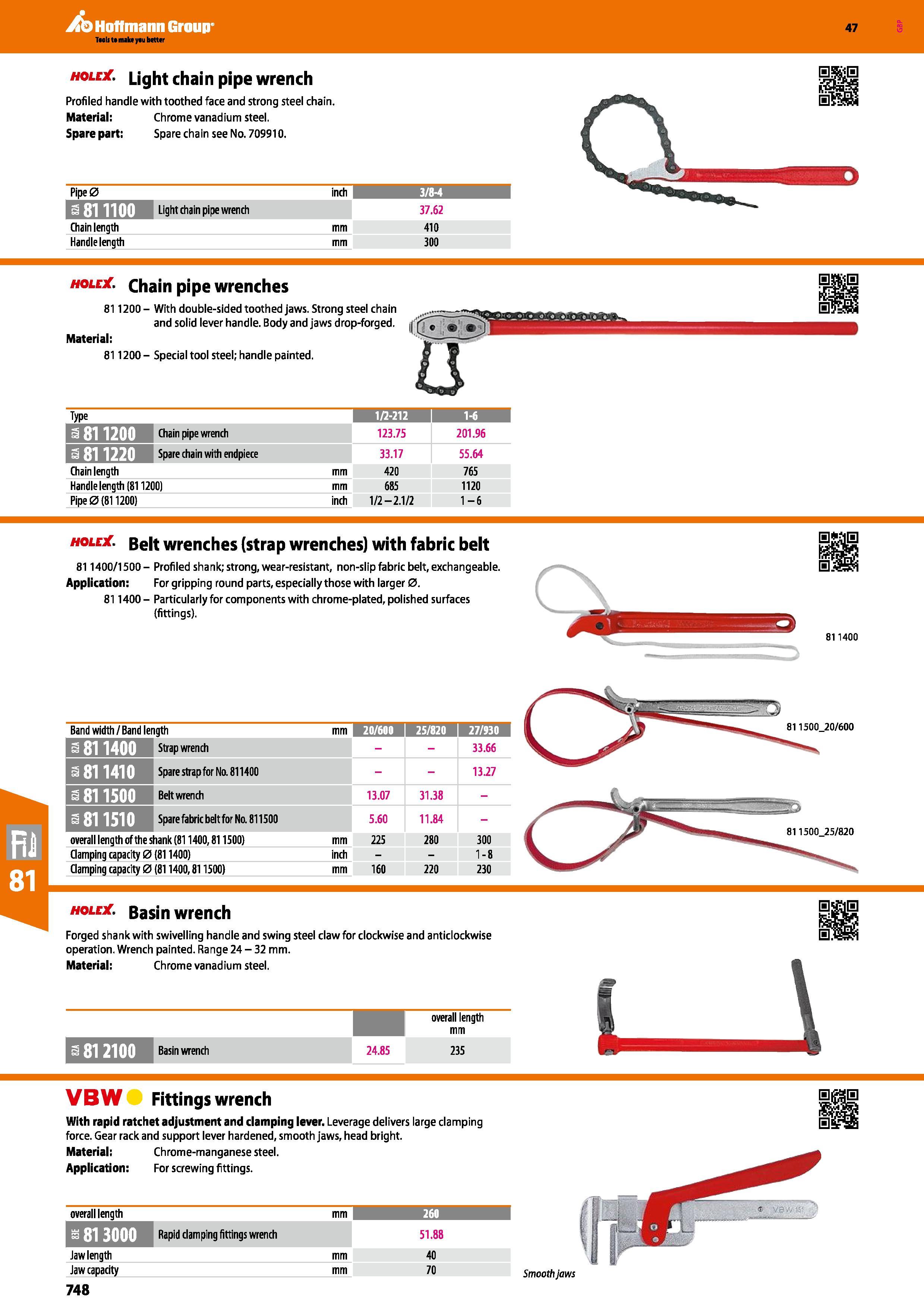 748 Hoffmann Group 47 hole Light chain pipe wrench Profiled handle with toothed face and strong steel chain Material: Chrome vanadium steel Spare par Каталог HOFFMANN GROUP 2016 Ручной слесарно-монтажный и измерительный инструмент и оборудование от комплексного поставщика промышленных предприятий Вер. 47 Англ. Стр. 748