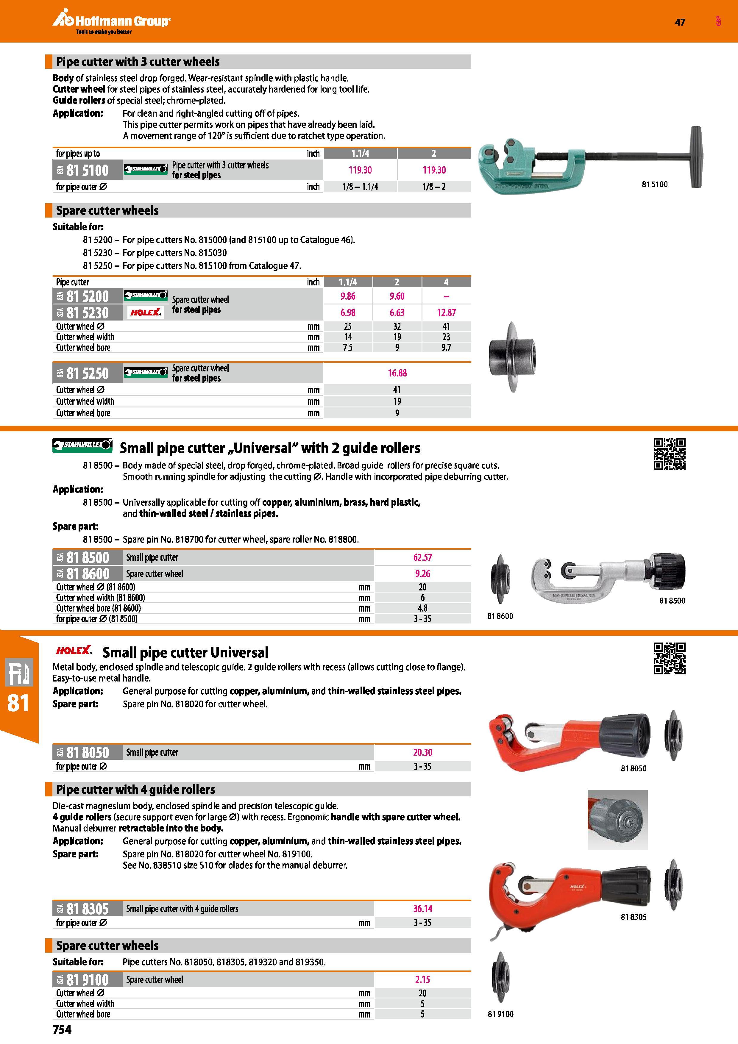 754 Hoffmann Group 47 Pipe cutter with 3 cutter wheels Body of stainless steel drop forged Wear-resistant spindle with plastic handle Cutter wheel fo Каталог HOFFMANN GROUP 2016 Ручной слесарно-монтажный и измерительный инструмент и оборудование от комплексного поставщика промышленных предприятий Вер. 47 Англ. Стр. 754