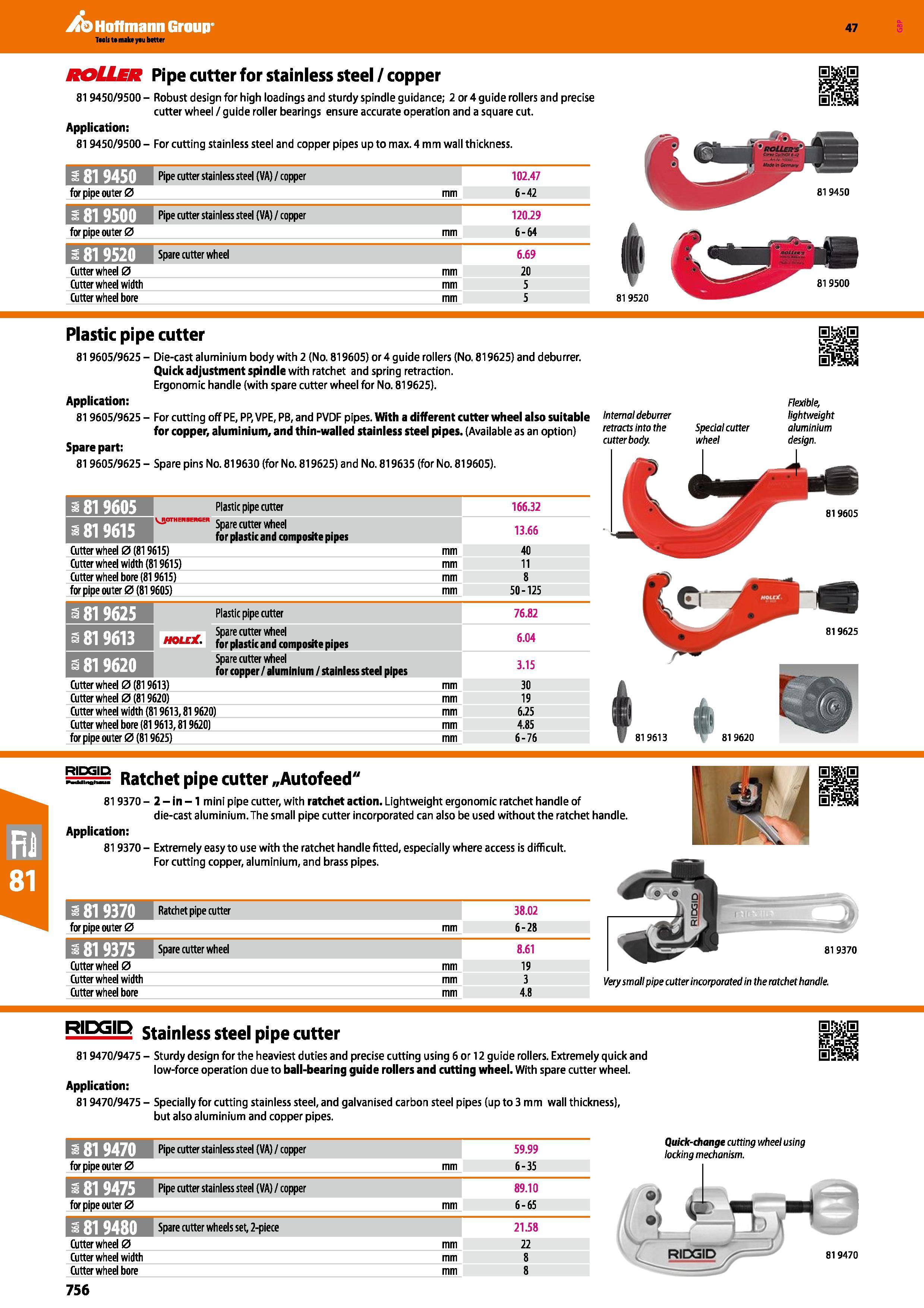 756 Hoffmann Group 47 ROLLER Pipe cutter for stainless steel / copper 819450/9500 - Robust design for high loadings and sturdy spindle guidance; 2 or Каталог HOFFMANN GROUP 2016 Ручной слесарно-монтажный и измерительный инструмент и оборудование от комплексного поставщика промышленных предприятий Вер. 47 Англ. Стр. 756