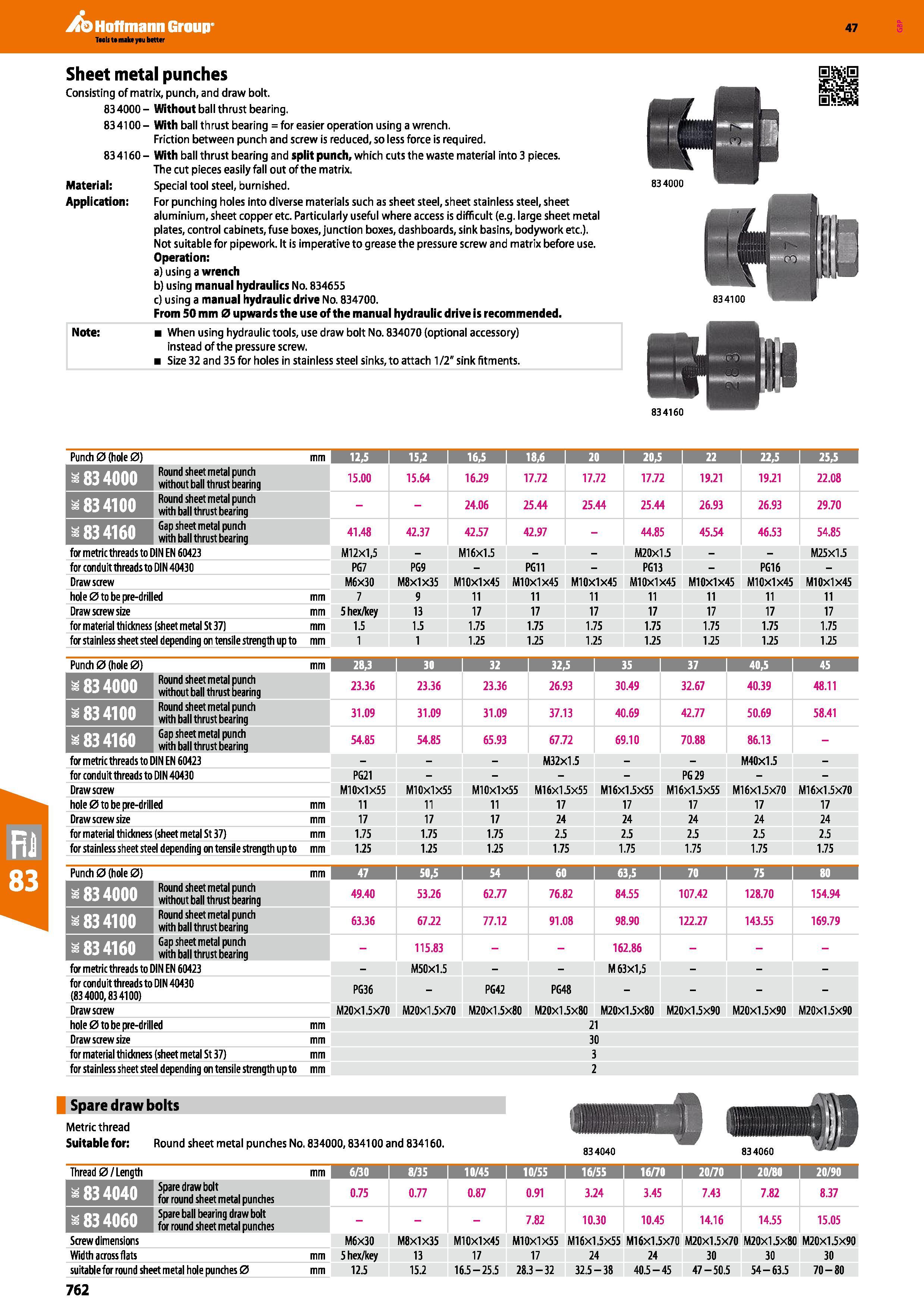 762 Hoffmann Group 47 Sheet metal punches Consisting of matrix, punch, and draw bolt 834000- Without ball thrust bearing 834100- With ball thrust bea Каталог HOFFMANN GROUP 2016 Ручной слесарно-монтажный и измерительный инструмент и оборудование от комплексного поставщика промышленных предприятий Вер. 47 Англ. Стр. 762