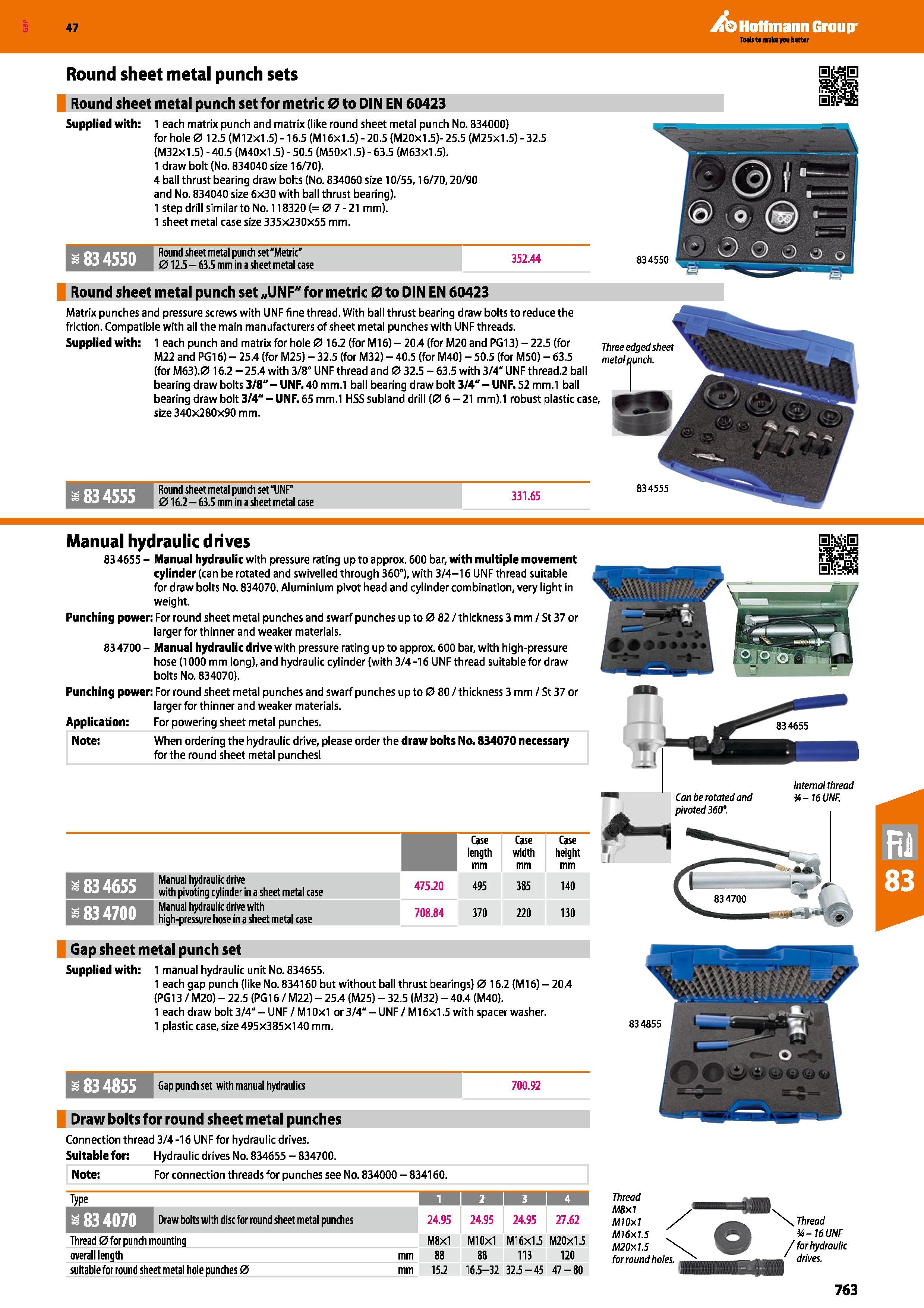763 Hoffmann Group 47 Round sheet metal punch sets Round sheet metal punch set for metric 0 to DIN EN 60423 Supplied with: 1 each matrix punch and ma Каталог HOFFMANN GROUP 2016 Ручной слесарно-монтажный и измерительный инструмент и оборудование от комплексного поставщика промышленных предприятий Вер. 47 Англ. Стр. 763